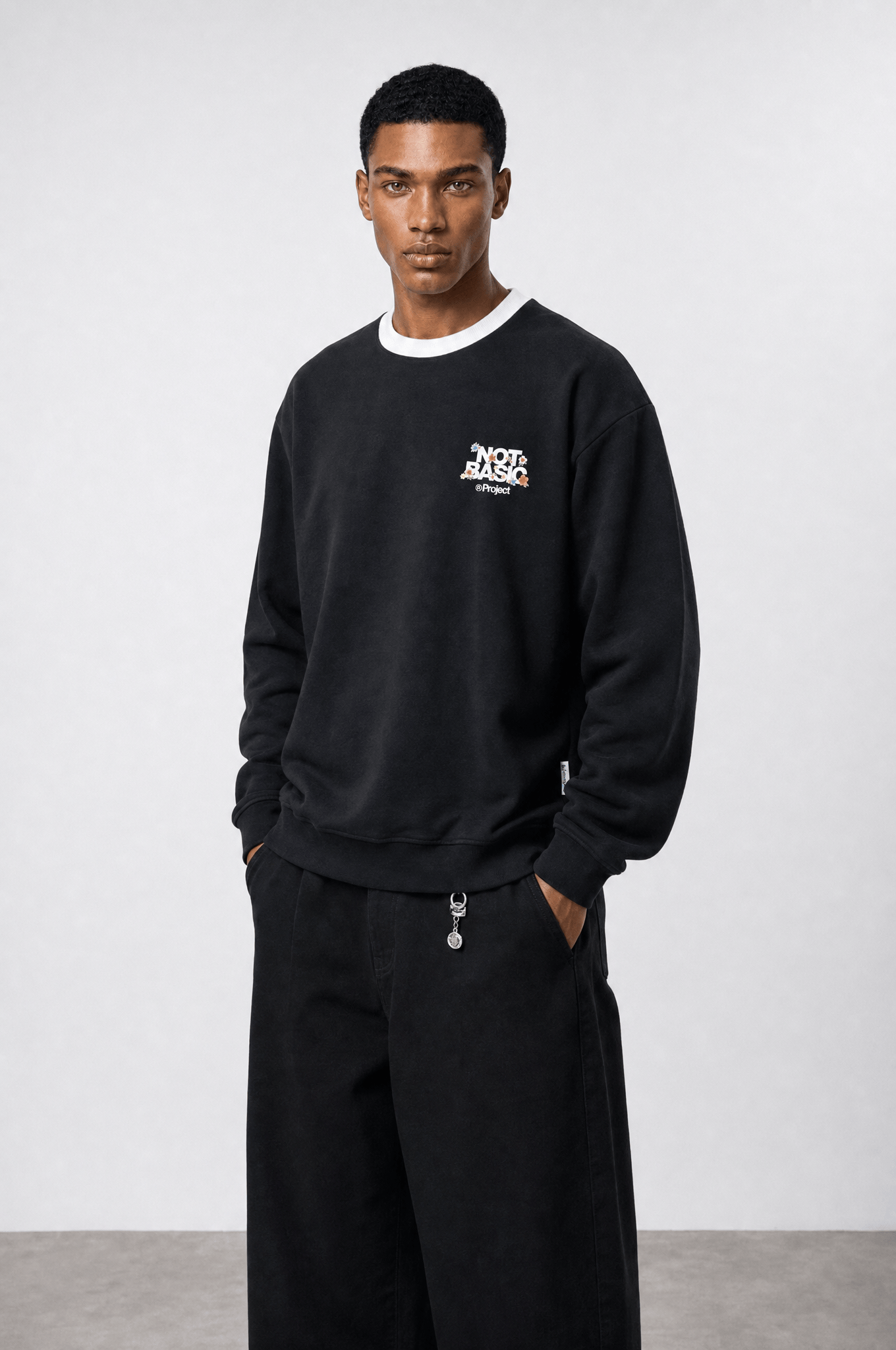 Erkek Not Basic Project Baskılı Oversize Sweatshirt Siyah