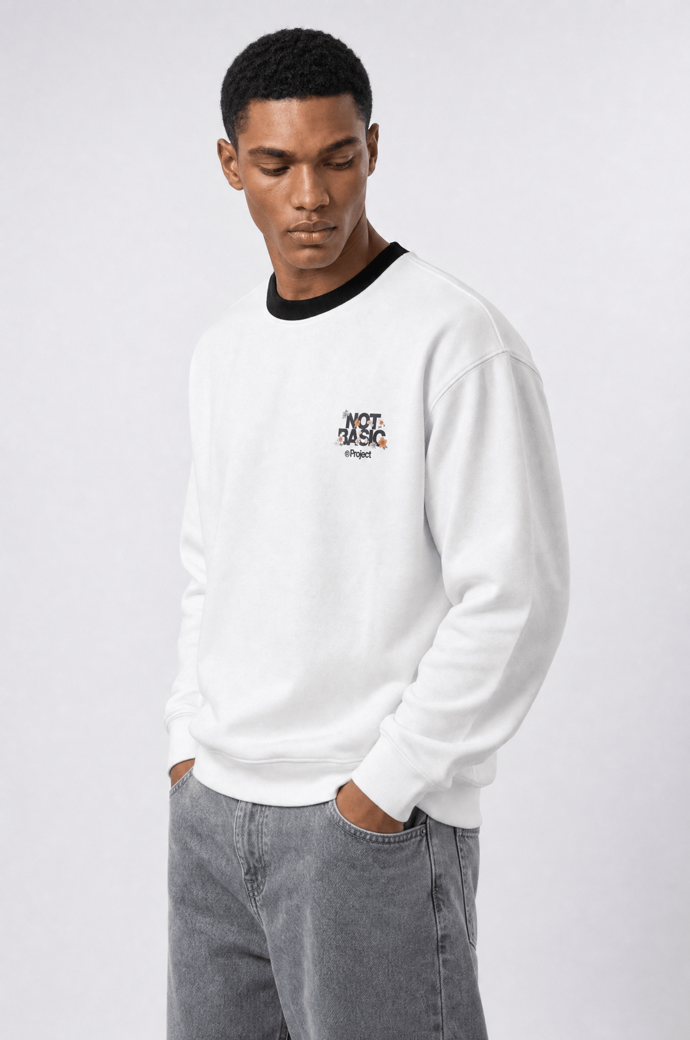 Erkek Not Basic Project Baskılı Oversize Sweatshirt Ekru