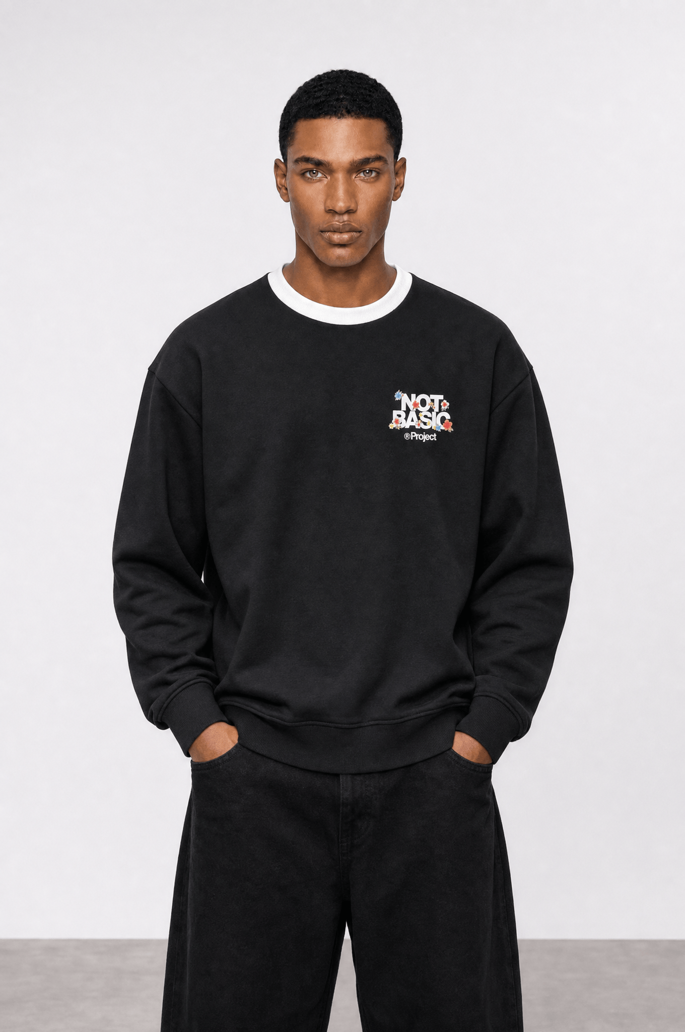 Erkek Not Basic Project Baskılı Oversize Sweatshirt Siyah