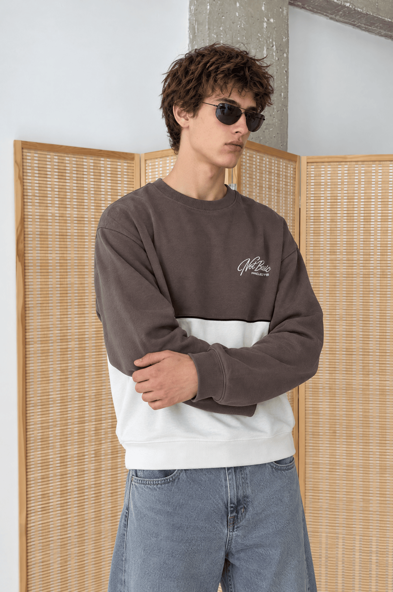 Erkek Not Basic Project Nakışlı Oversize Sweatshirt Kahve