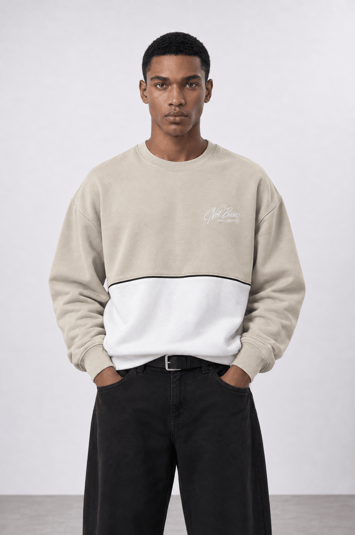 Erkek Not Basic Project Nakışlı Oversize Sweatshirt Bej