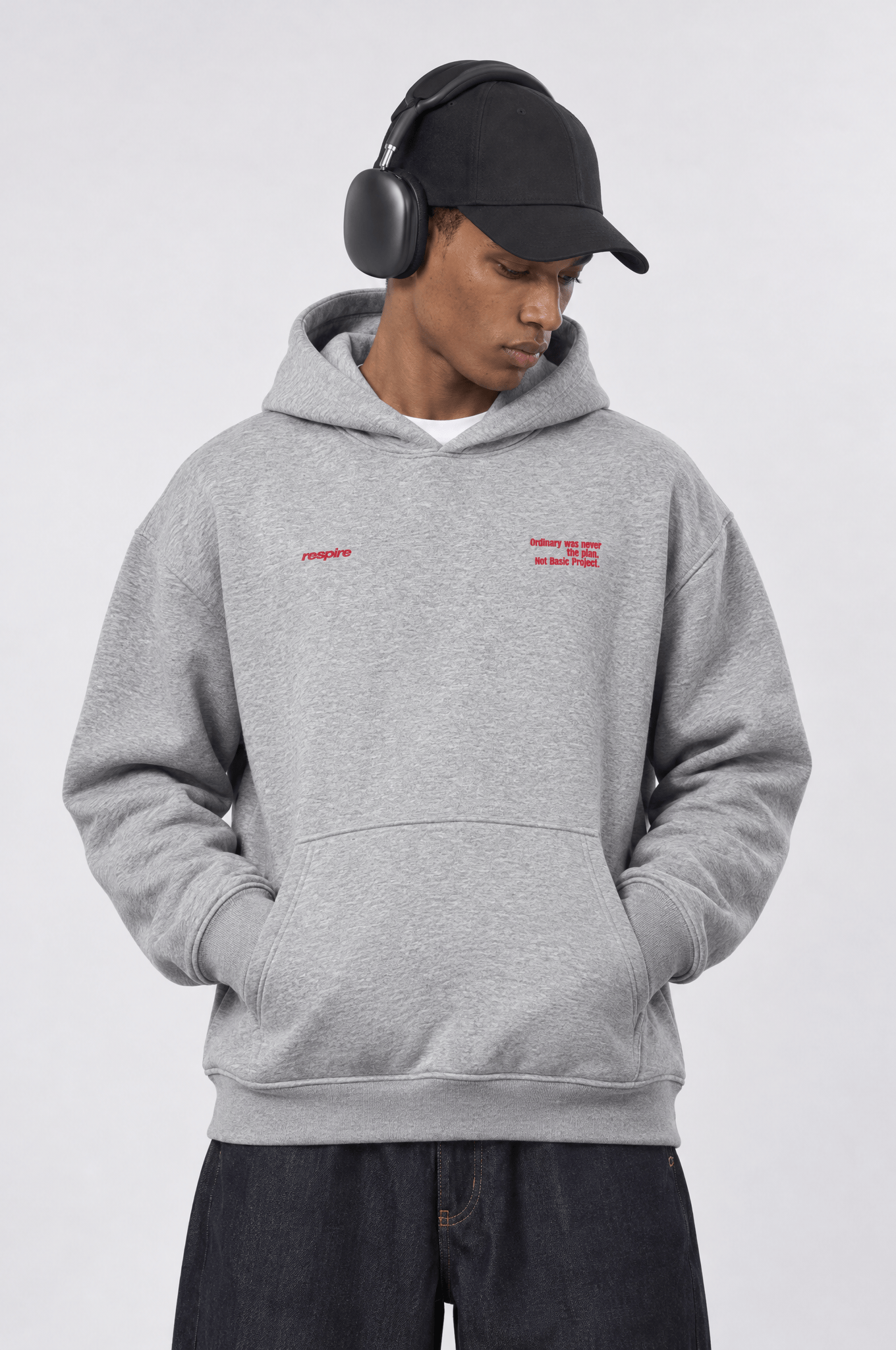 Erkek notbasic Baskılı Oversize Hoodie Gri Melanj