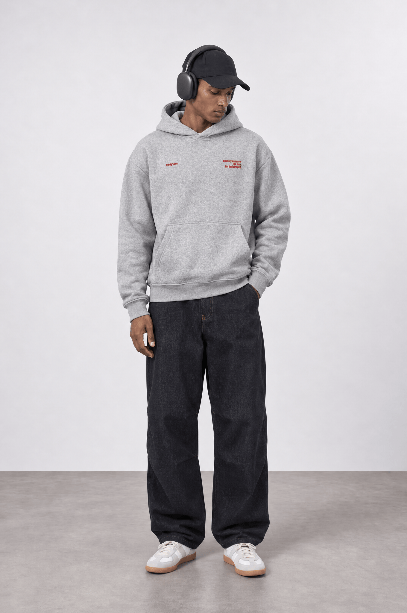 Erkek notbasic Baskılı Oversize Hoodie Gri Melanj