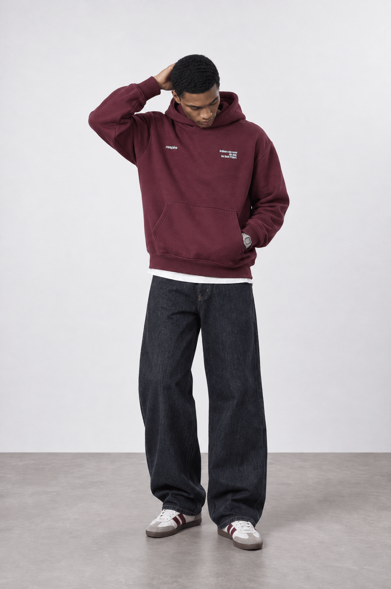 Erkek notbasic Baskılı Oversize Hoodie Bordo