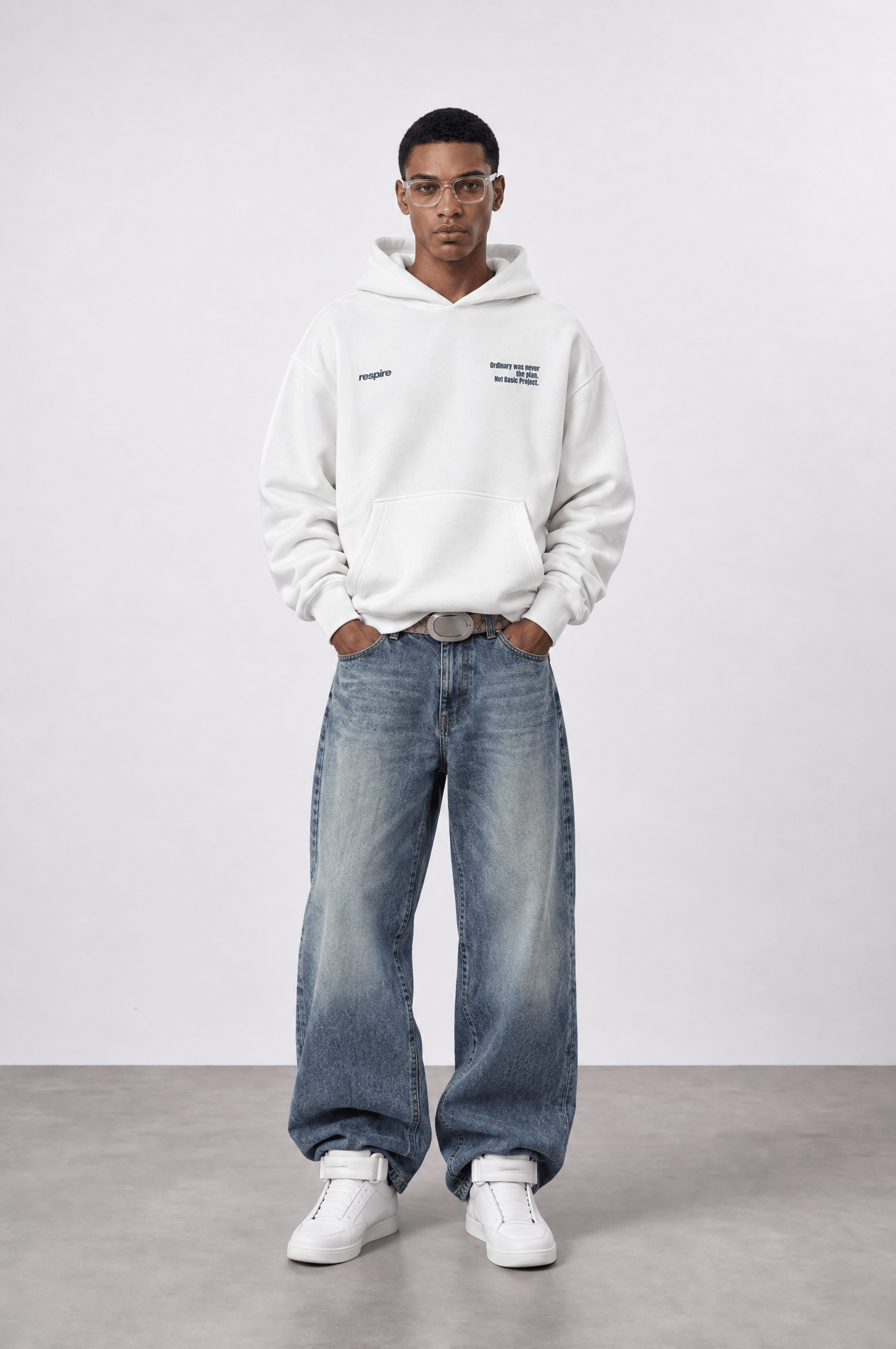 Erkek notbasic Baskılı Oversize Hoodie Ekru