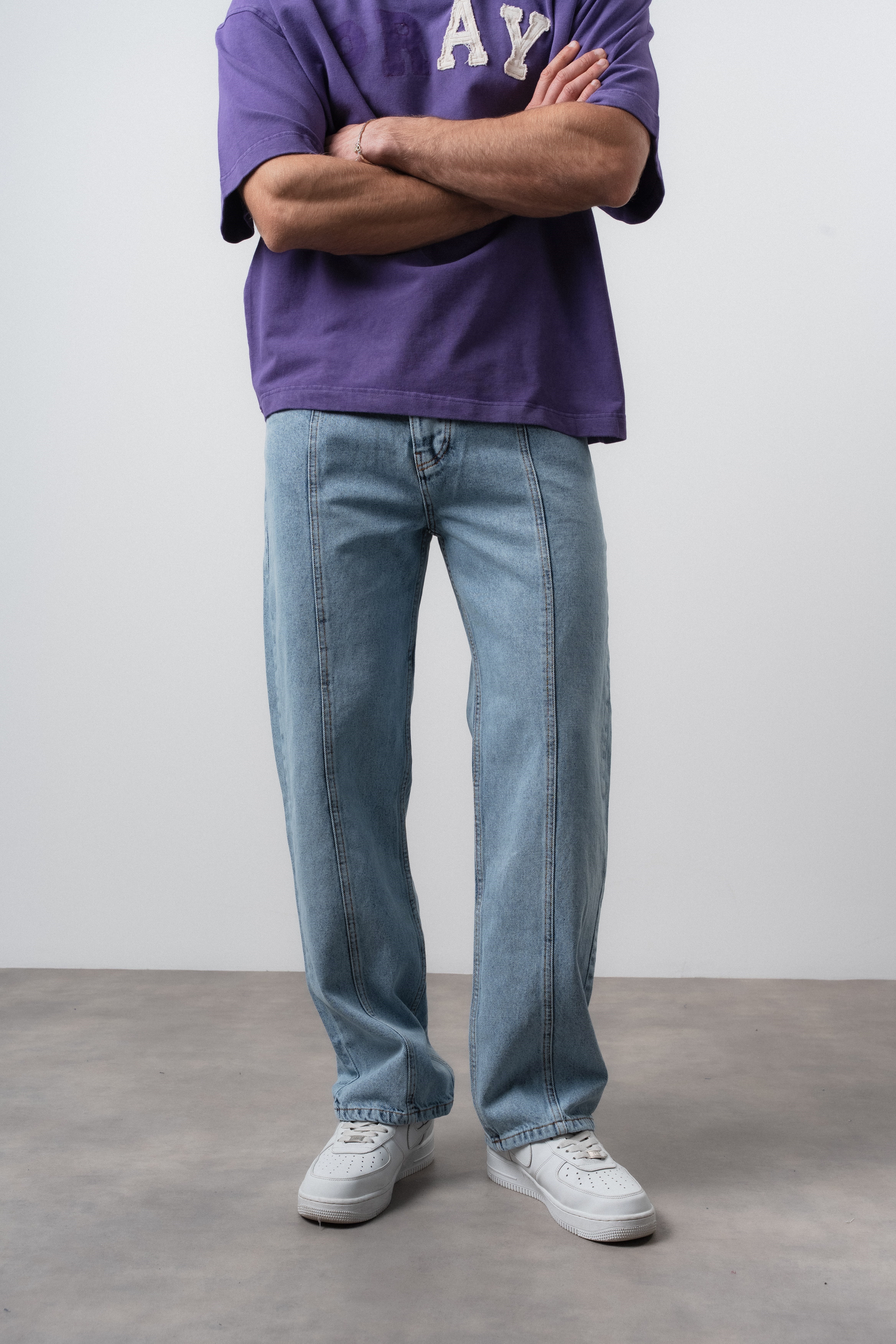 Erkek Önü Dikiş Detaylı Baggy Jean Mavi