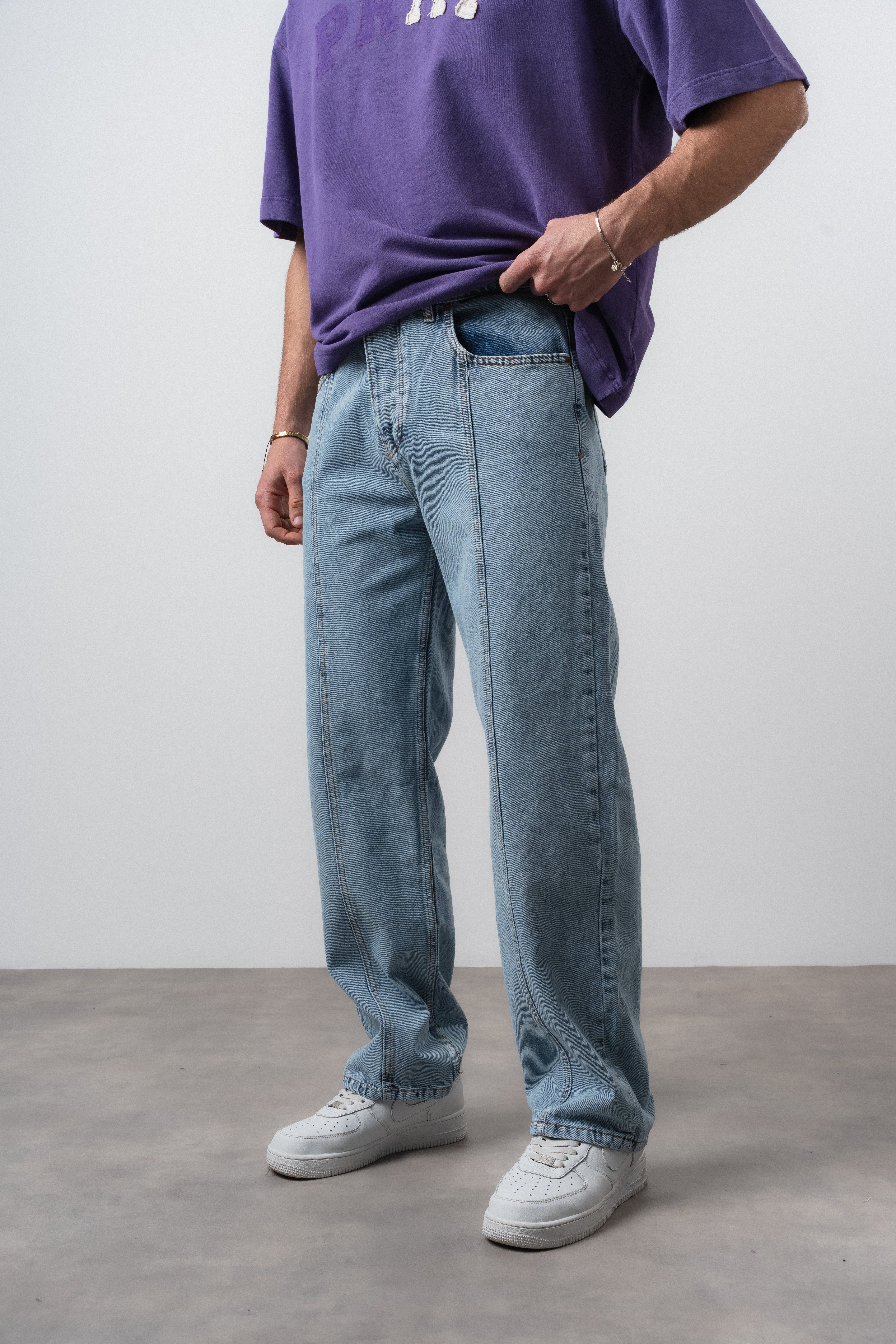 Erkek Önü Dikiş Detaylı Baggy Jean Mavi