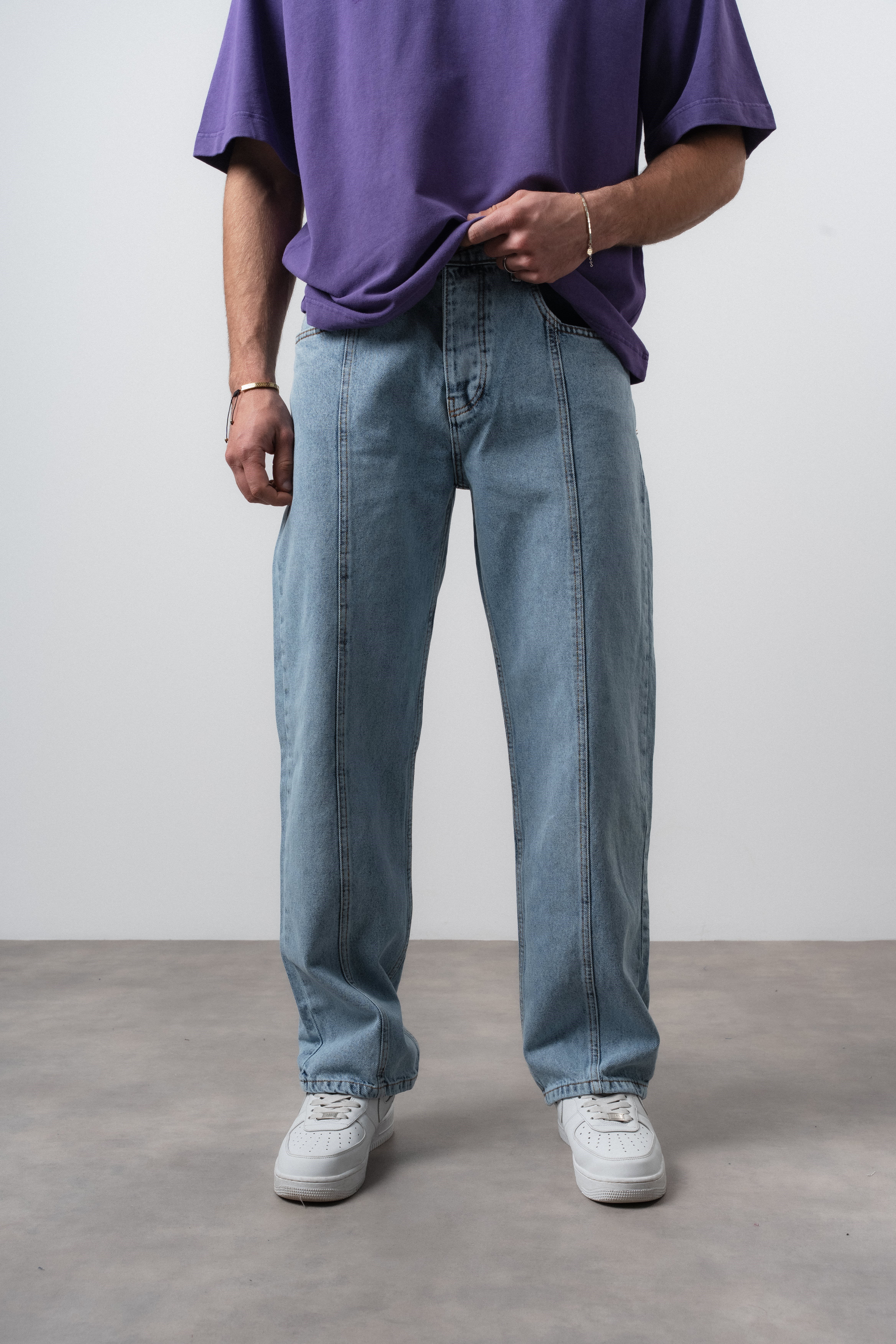 Erkek Önü Dikiş Detaylı Baggy Jean Mavi