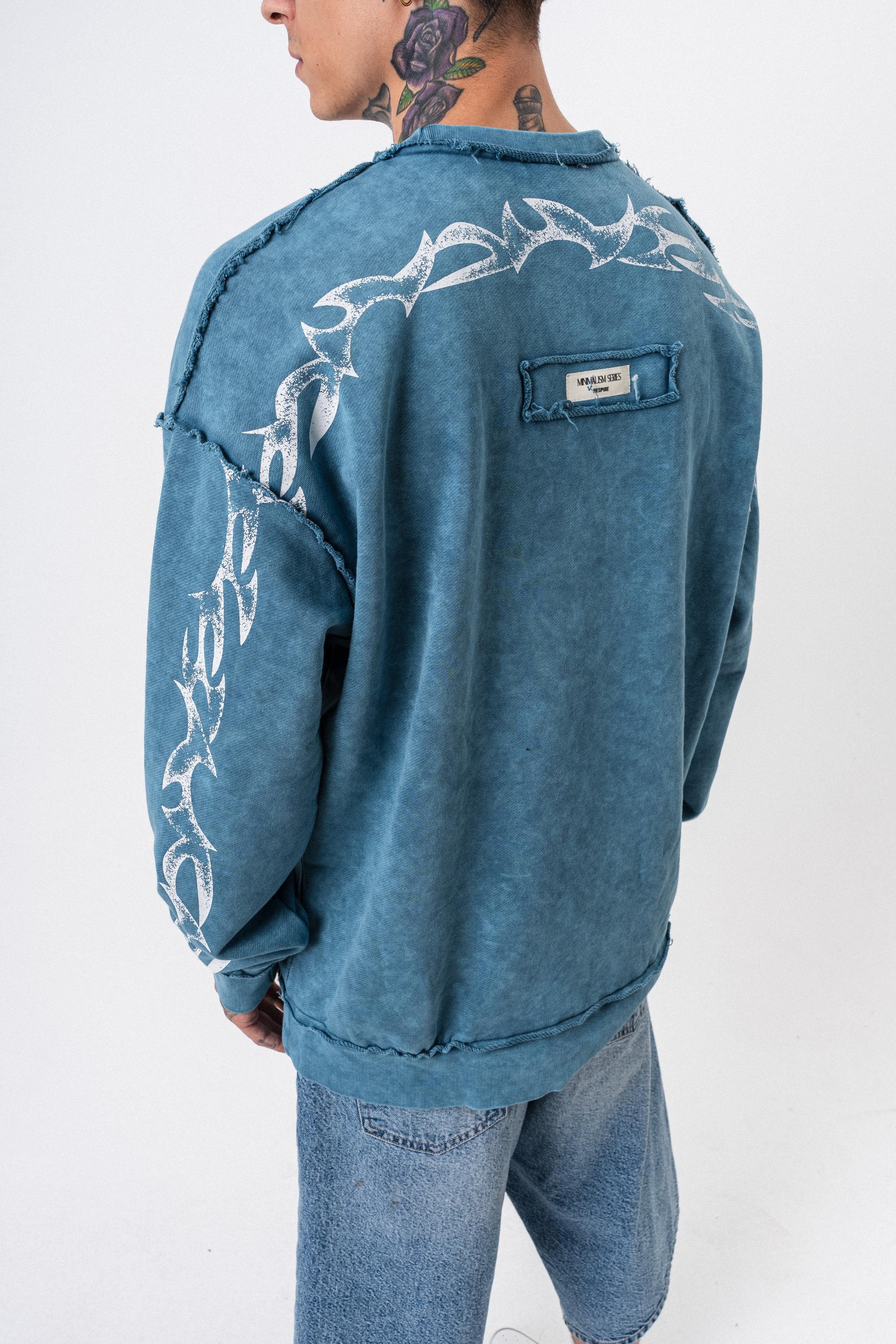 Erkek Origin Baskılı Yıkamalı Bisiklet Yaka Oversize Sweatshirt Petrol