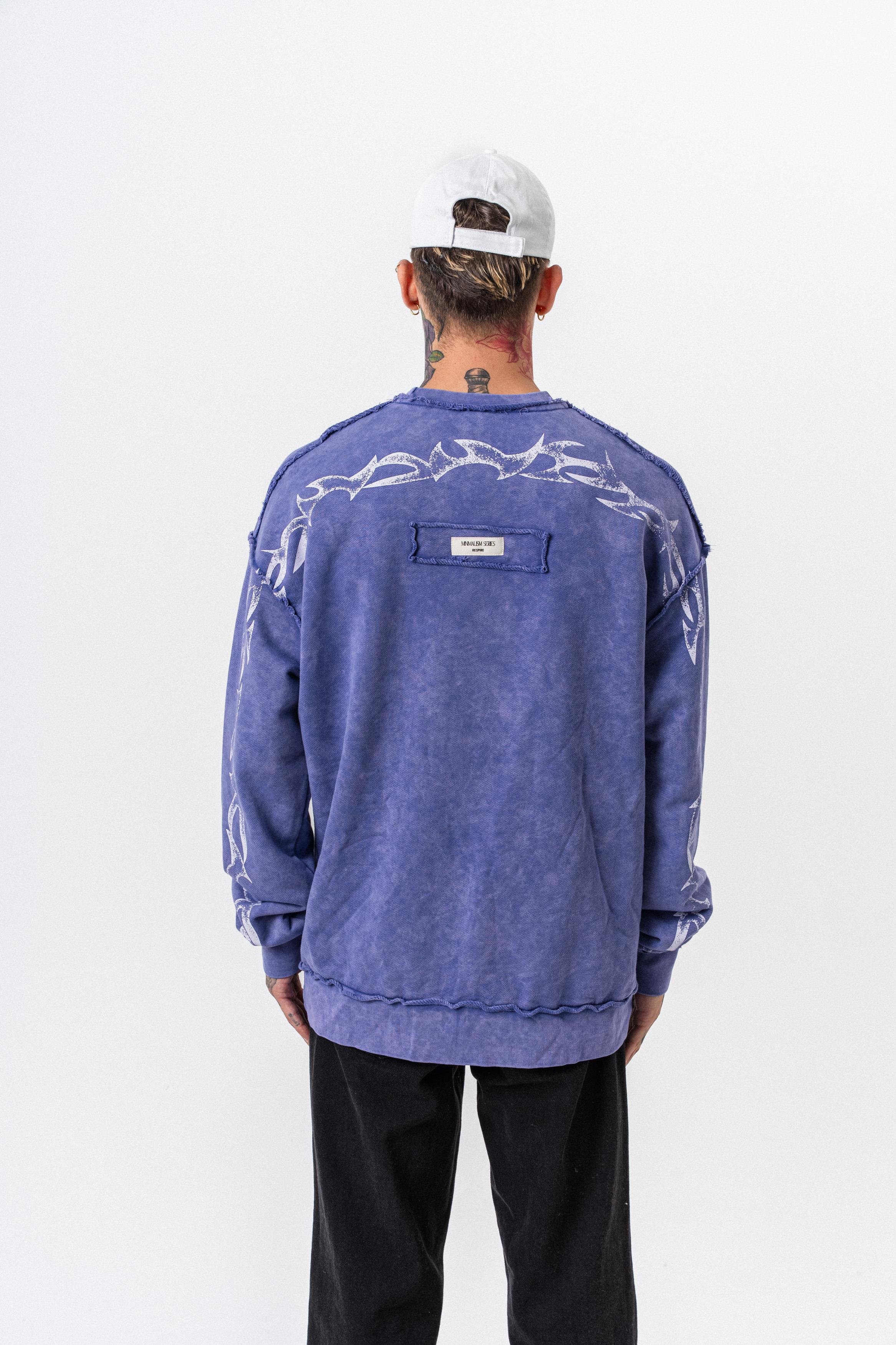 Erkek Origin Baskılı Yıkamalı Bisiklet Yaka Oversize Sweatshirt Mor