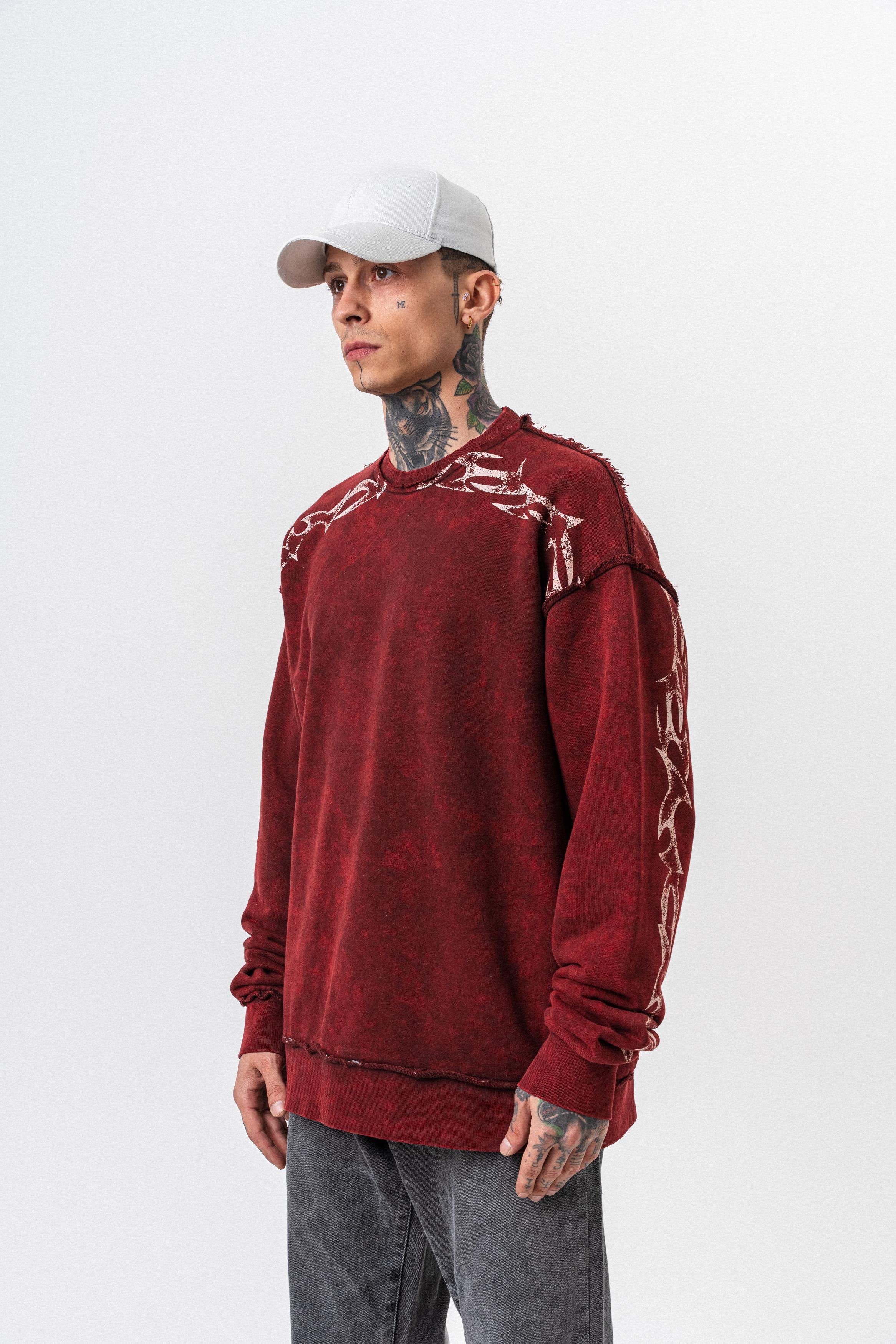 Erkek Origin Baskılı Yıkamalı Bisiklet Yaka Oversize Sweatshirt Bordo