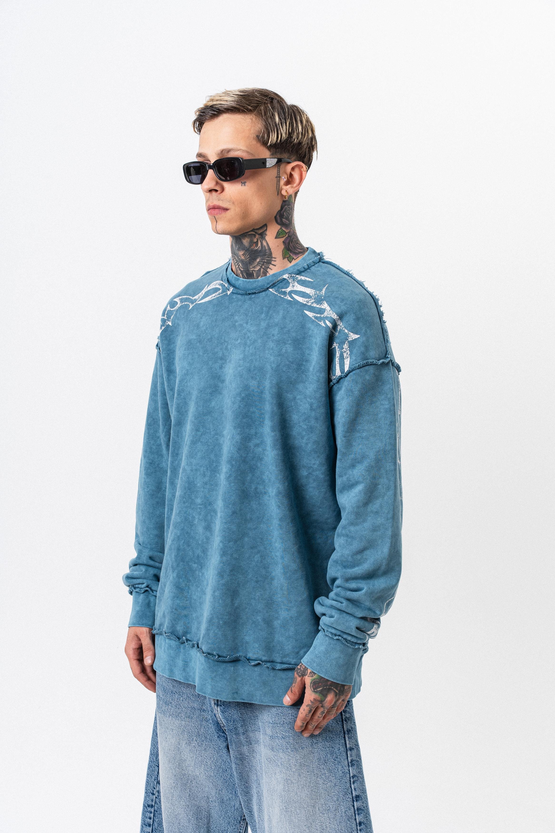 Erkek Origin Baskılı Yıkamalı Bisiklet Yaka Oversize Sweatshirt Petrol