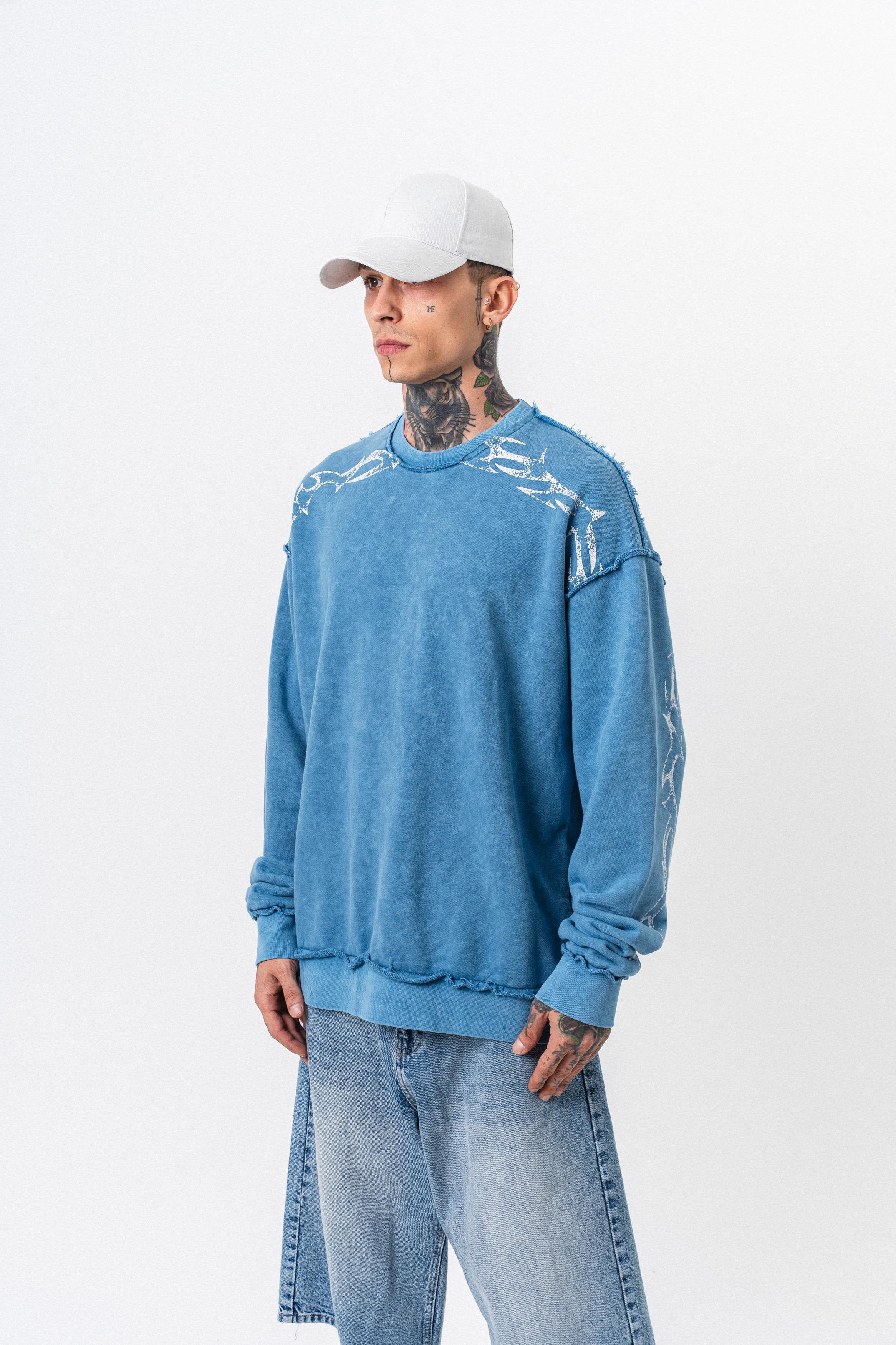 Erkek Origin Baskılı Yıkamalı Bisiklet Yaka Oversize Sweatshirt Bebe Mavi