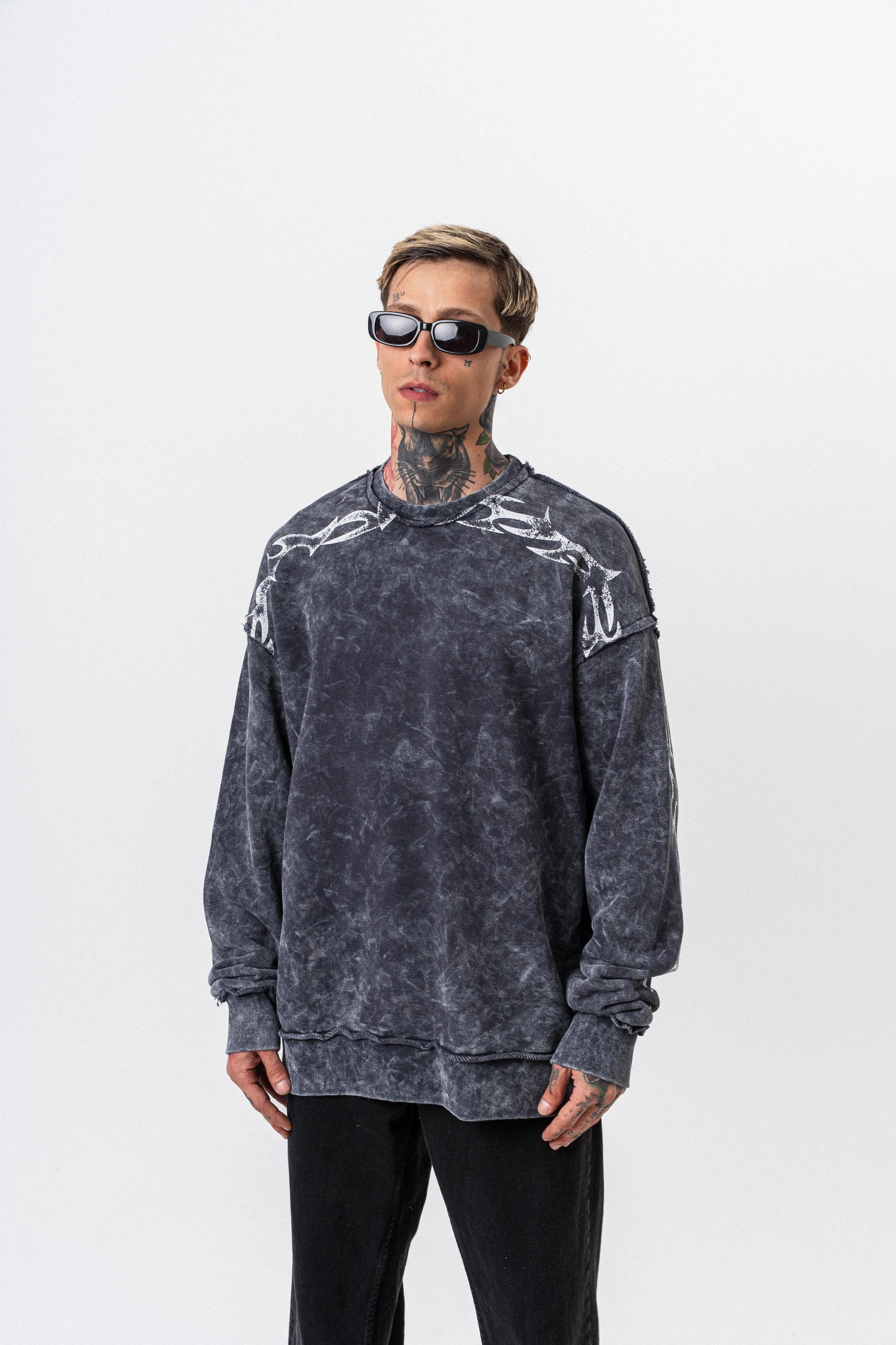 Erkek Origin Baskılı Yıkamalı Bisiklet Yaka Oversize Sweatshirt Siyah