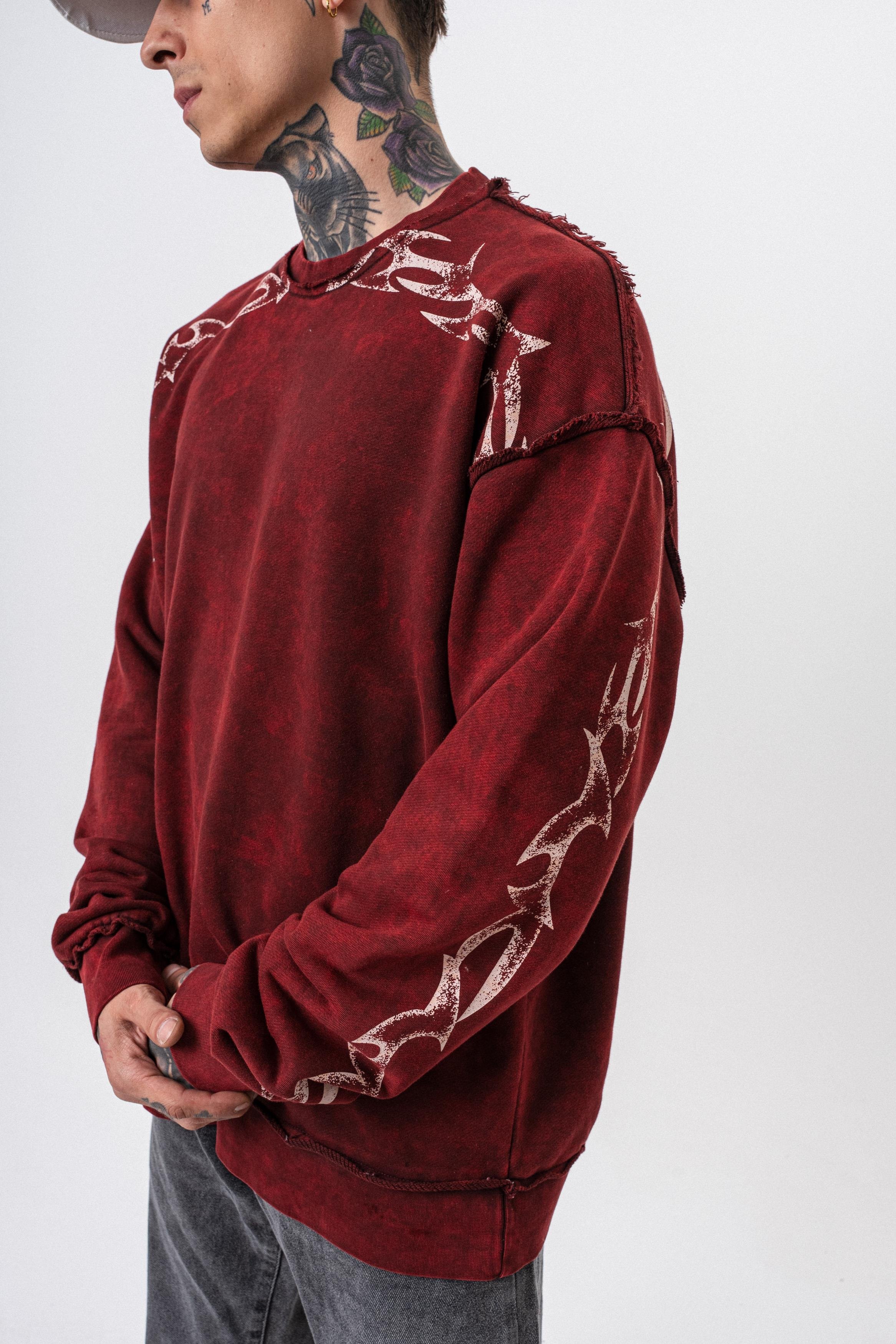 Erkek Origin Baskılı Yıkamalı Bisiklet Yaka Oversize Sweatshirt Bordo