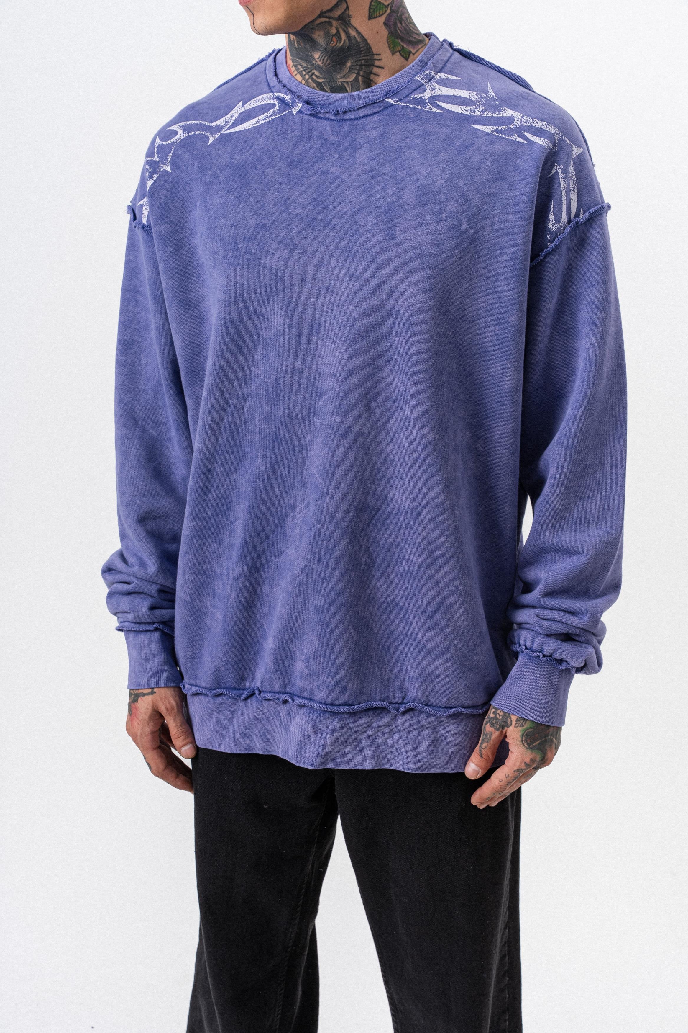 Erkek Origin Baskılı Yıkamalı Bisiklet Yaka Oversize Sweatshirt Mor