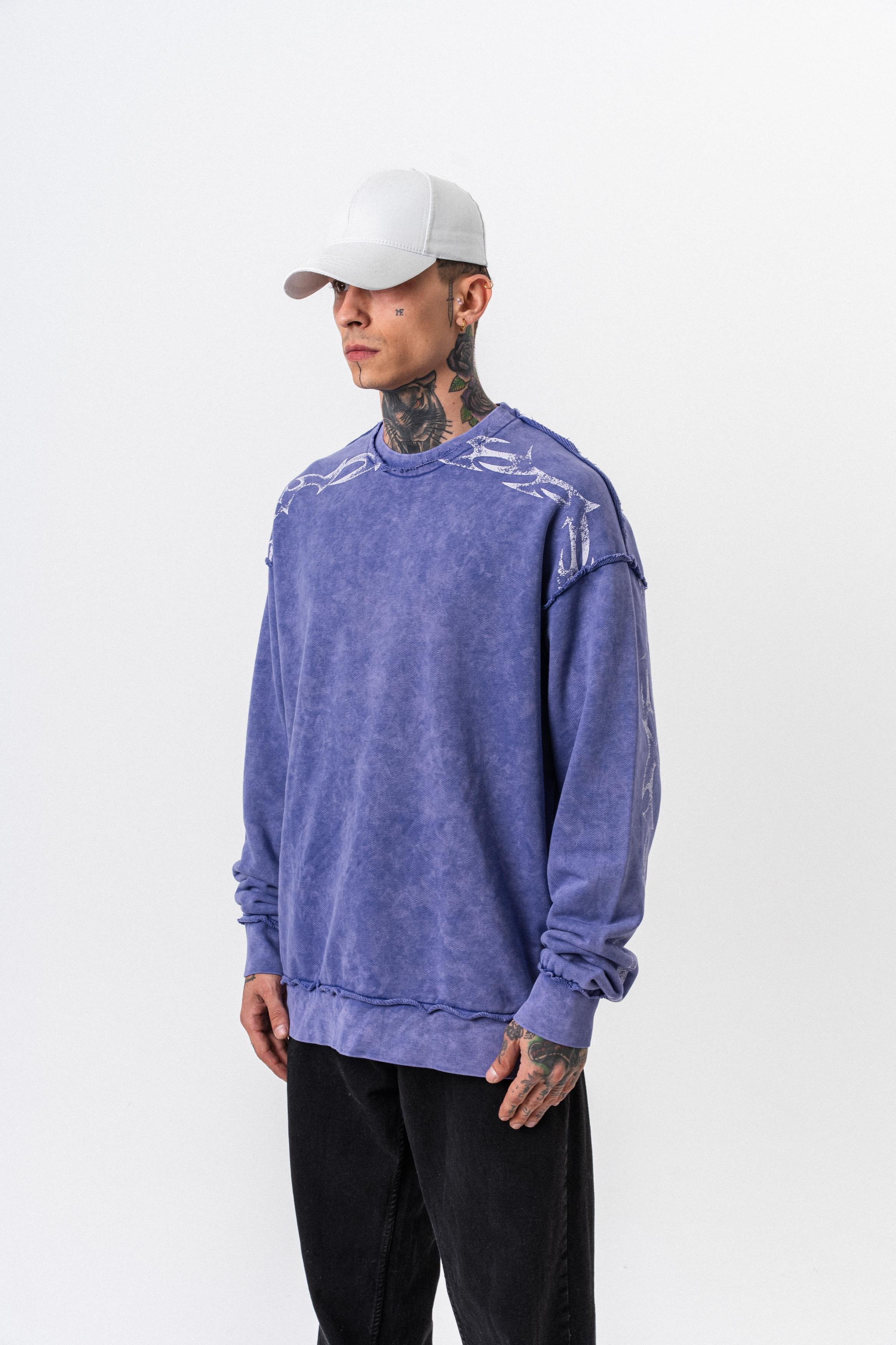 Erkek Origin Baskılı Yıkamalı Bisiklet Yaka Oversize Sweatshirt Mor