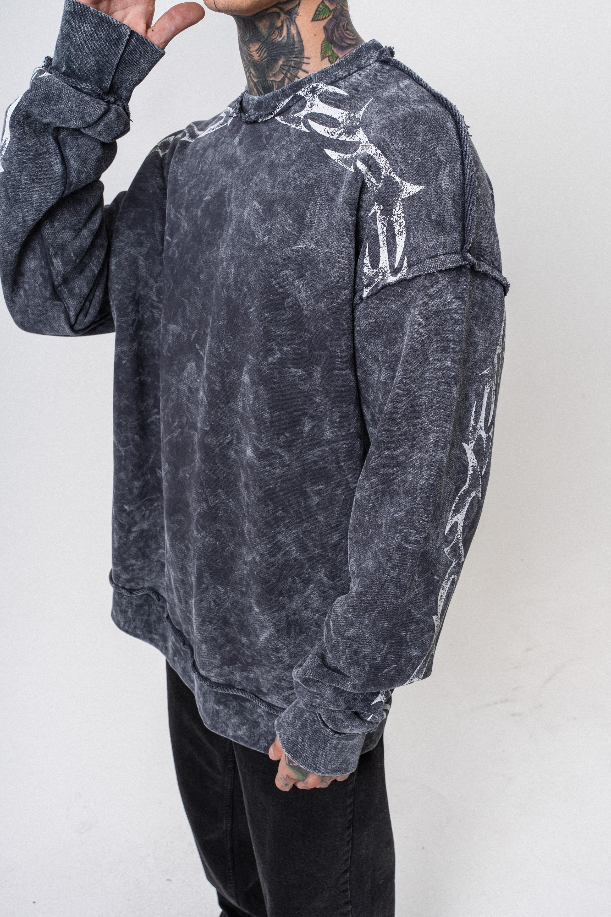 Erkek Origin Baskılı Yıkamalı Bisiklet Yaka Oversize Sweatshirt Siyah