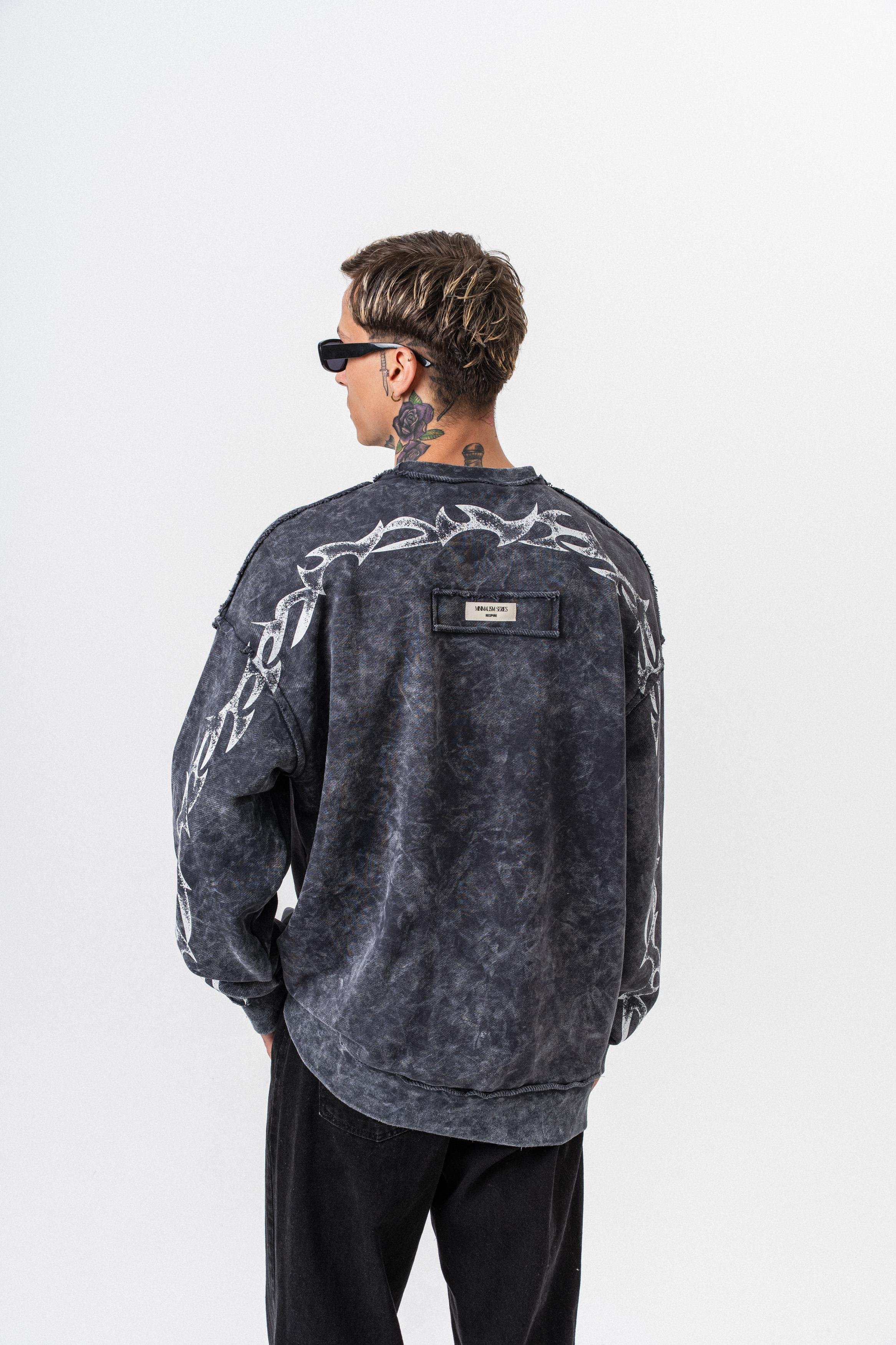 Erkek Origin Baskılı Yıkamalı Bisiklet Yaka Oversize Sweatshirt Siyah