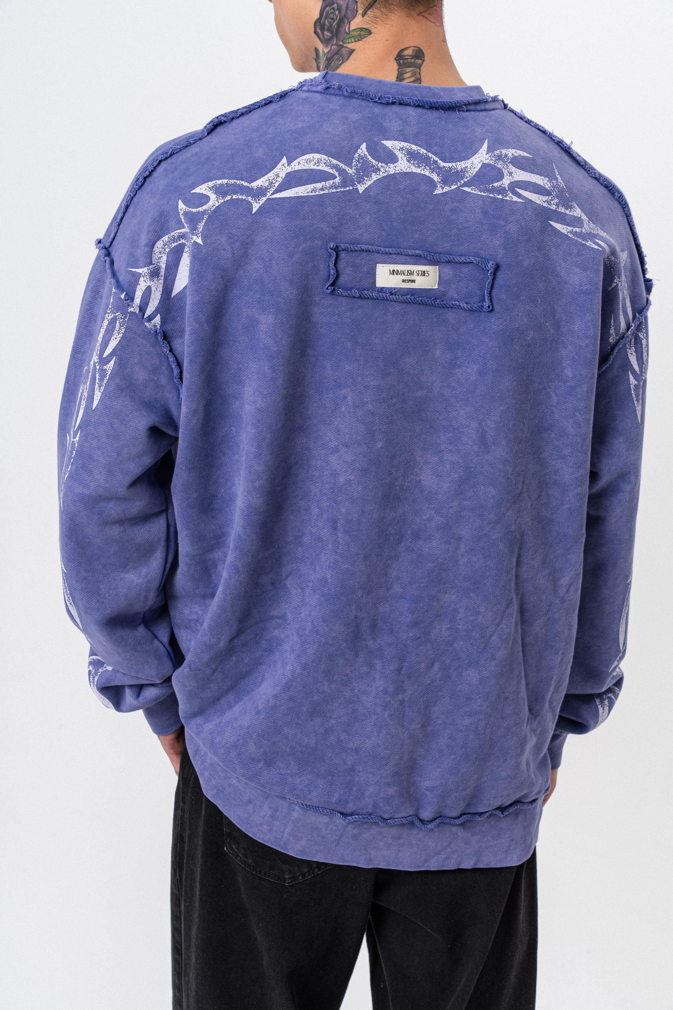 Erkek Origin Baskılı Yıkamalı Bisiklet Yaka Oversize Sweatshirt Mor