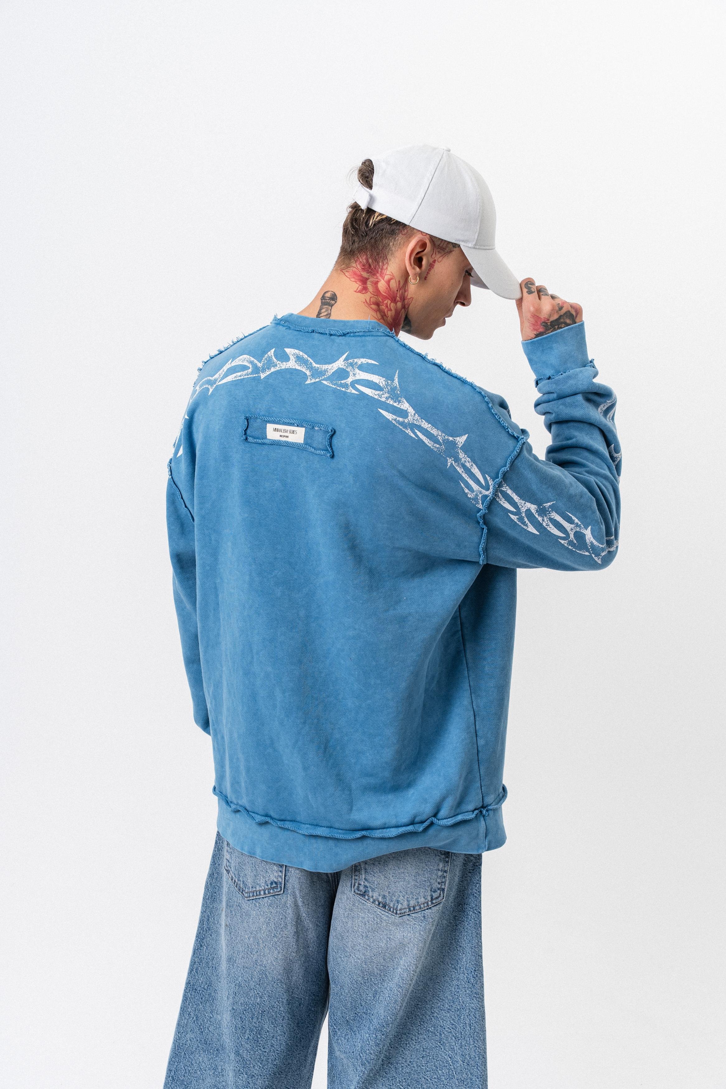 Erkek Origin Baskılı Yıkamalı Bisiklet Yaka Oversize Sweatshirt Bebe Mavi