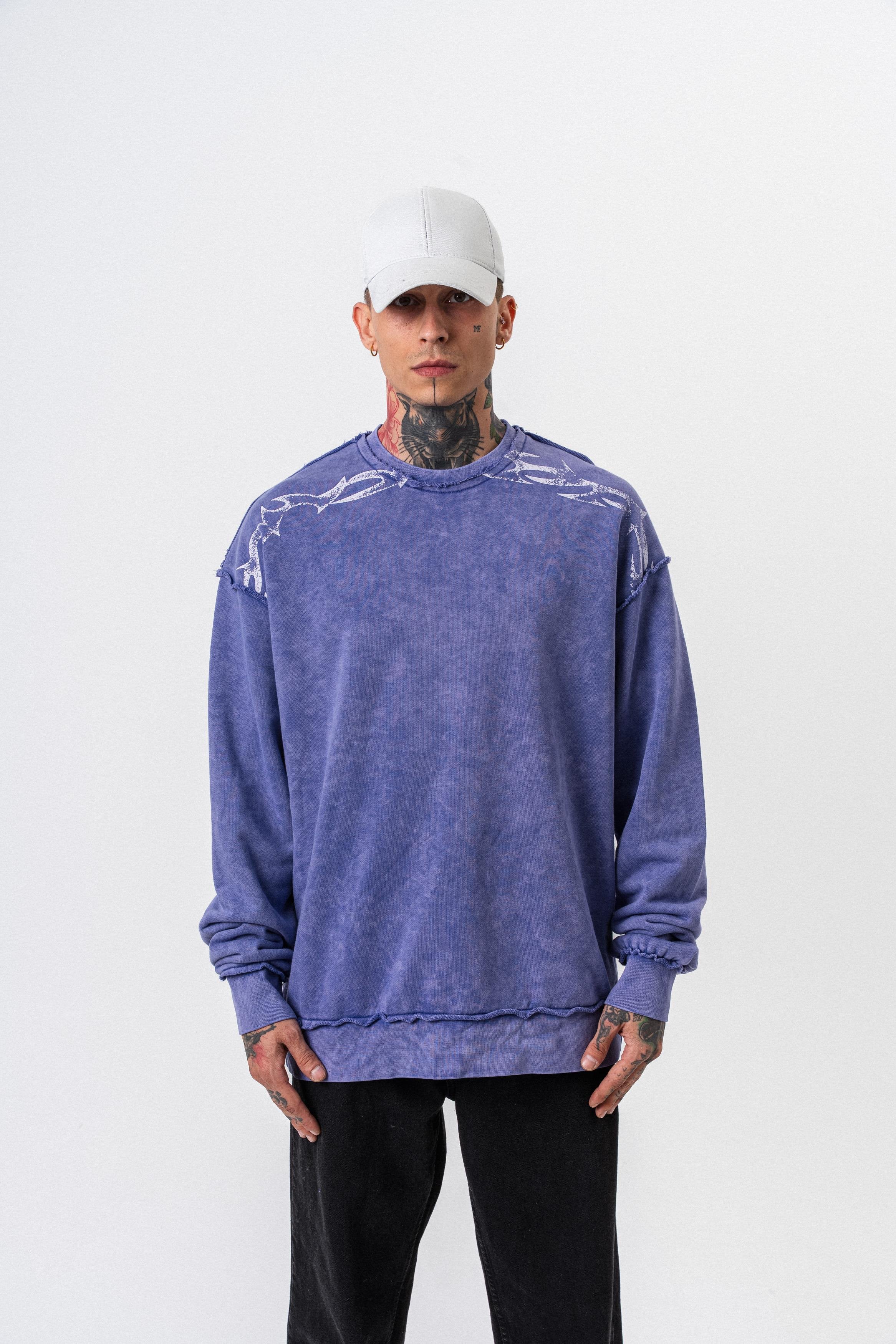 Erkek Origin Baskılı Yıkamalı Bisiklet Yaka Oversize Sweatshirt Mor
