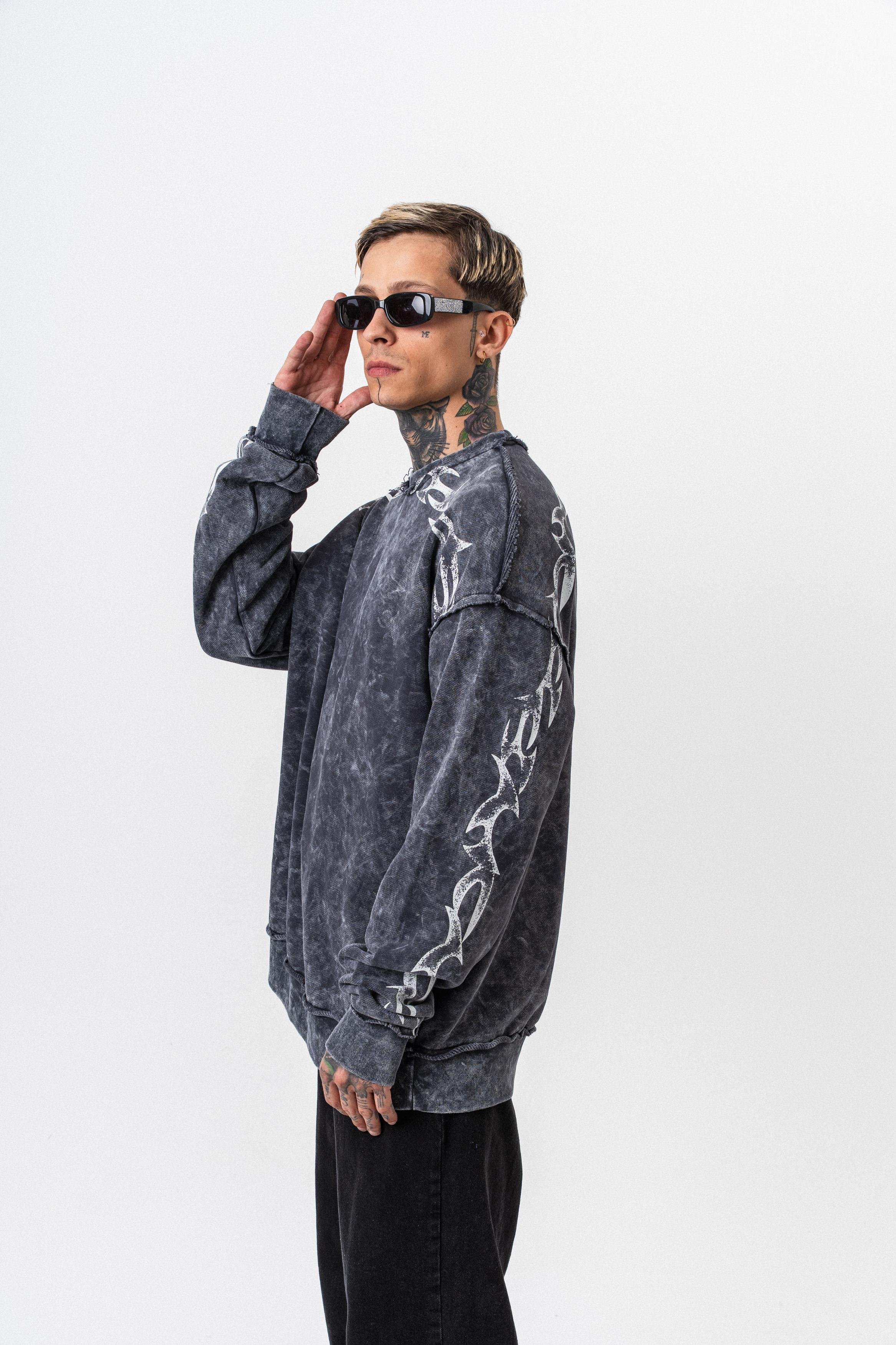 Erkek Origin Baskılı Yıkamalı Bisiklet Yaka Oversize Sweatshirt Siyah
