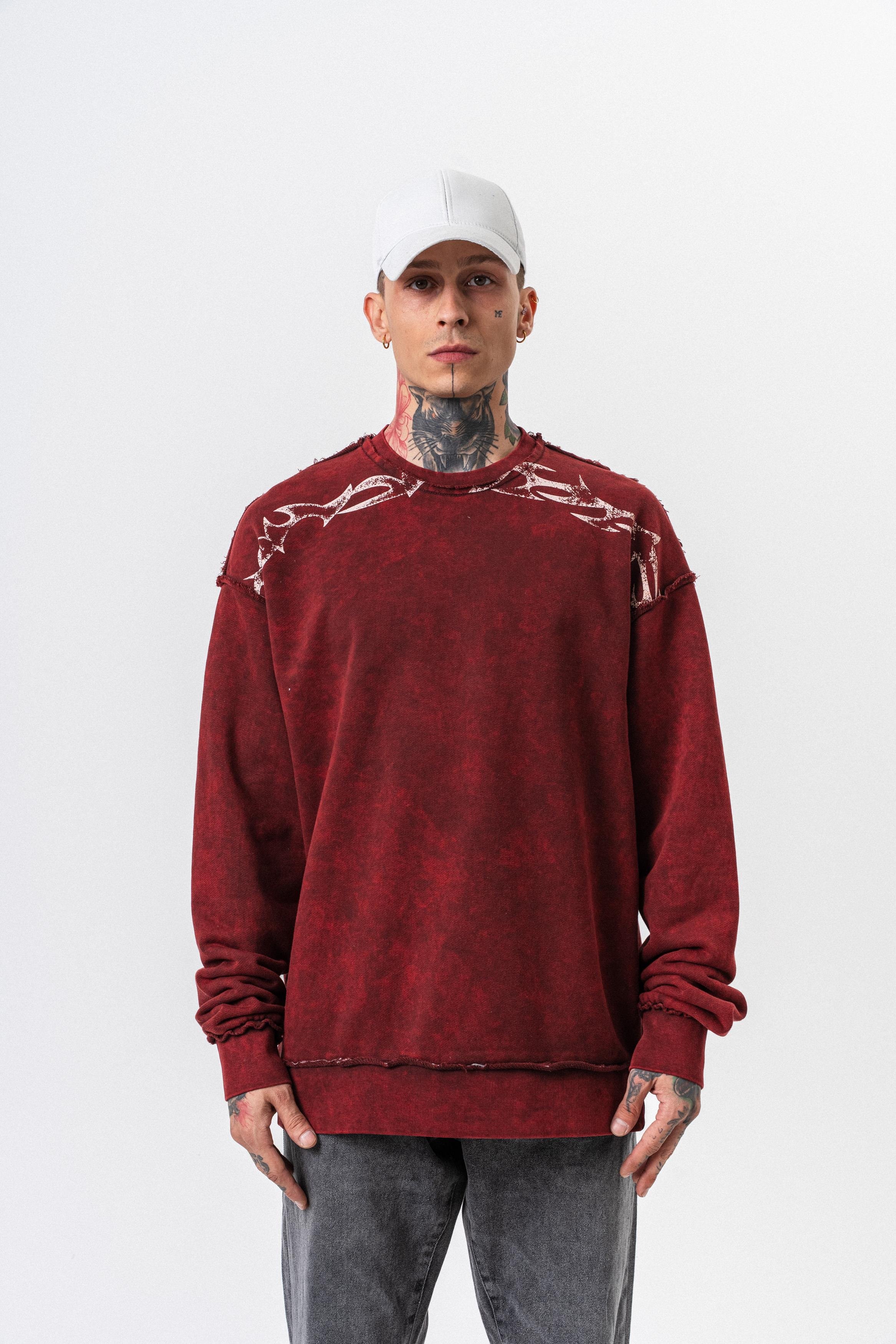 Erkek Origin Baskılı Yıkamalı Bisiklet Yaka Oversize Sweatshirt Bordo