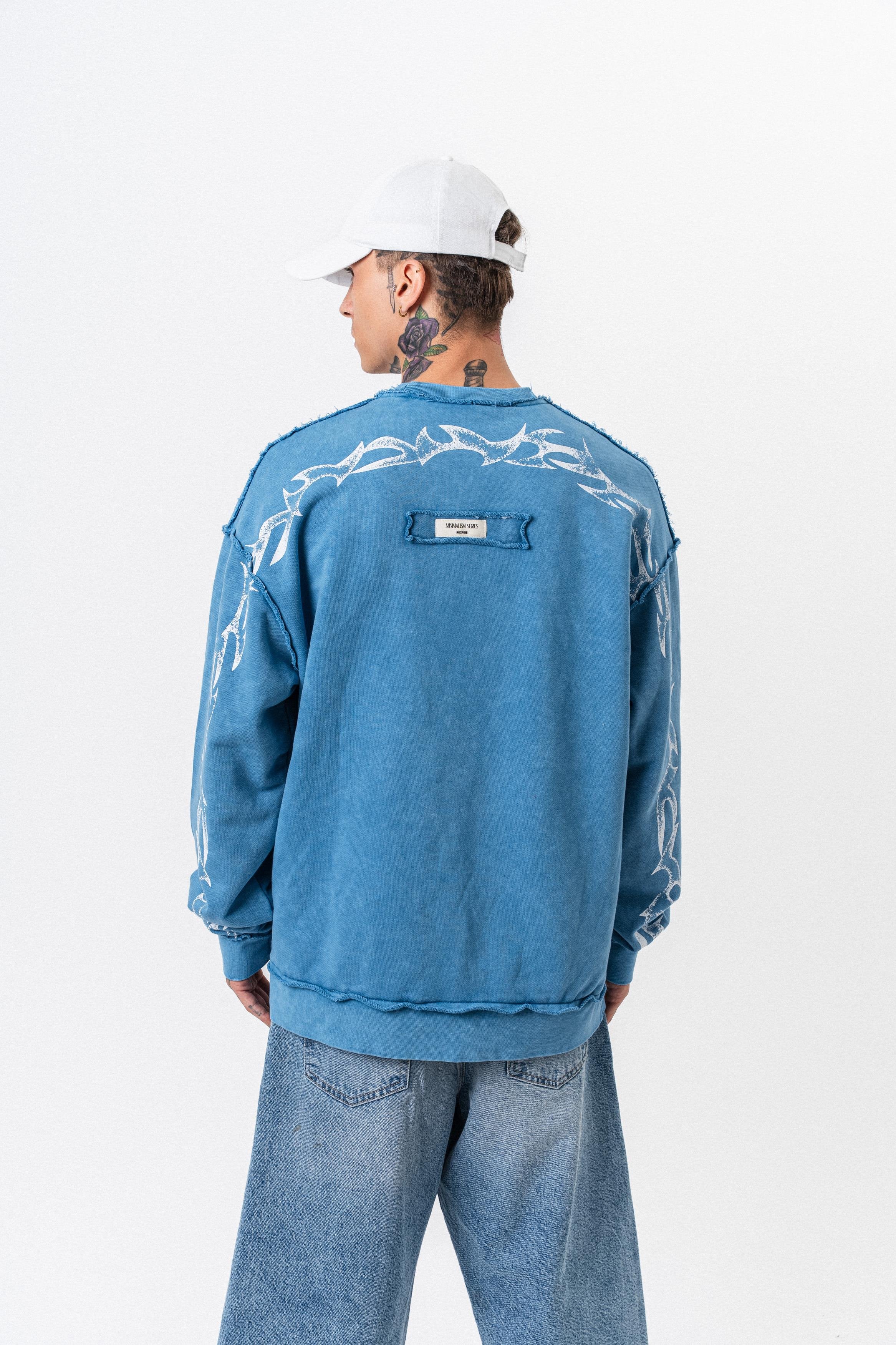 Erkek Origin Baskılı Yıkamalı Bisiklet Yaka Oversize Sweatshirt Bebe Mavi