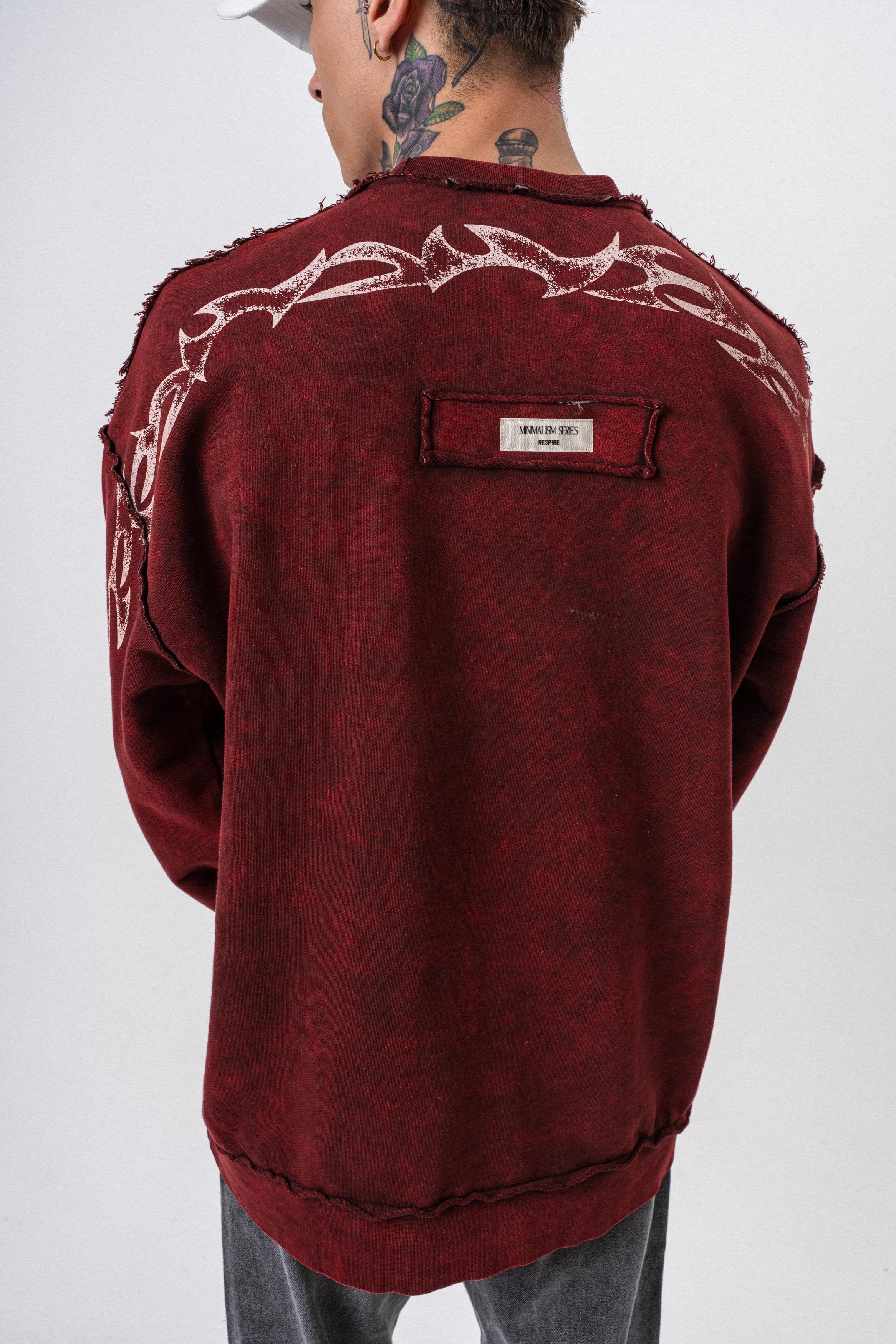 Erkek Origin Baskılı Yıkamalı Bisiklet Yaka Oversize Sweatshirt Bordo