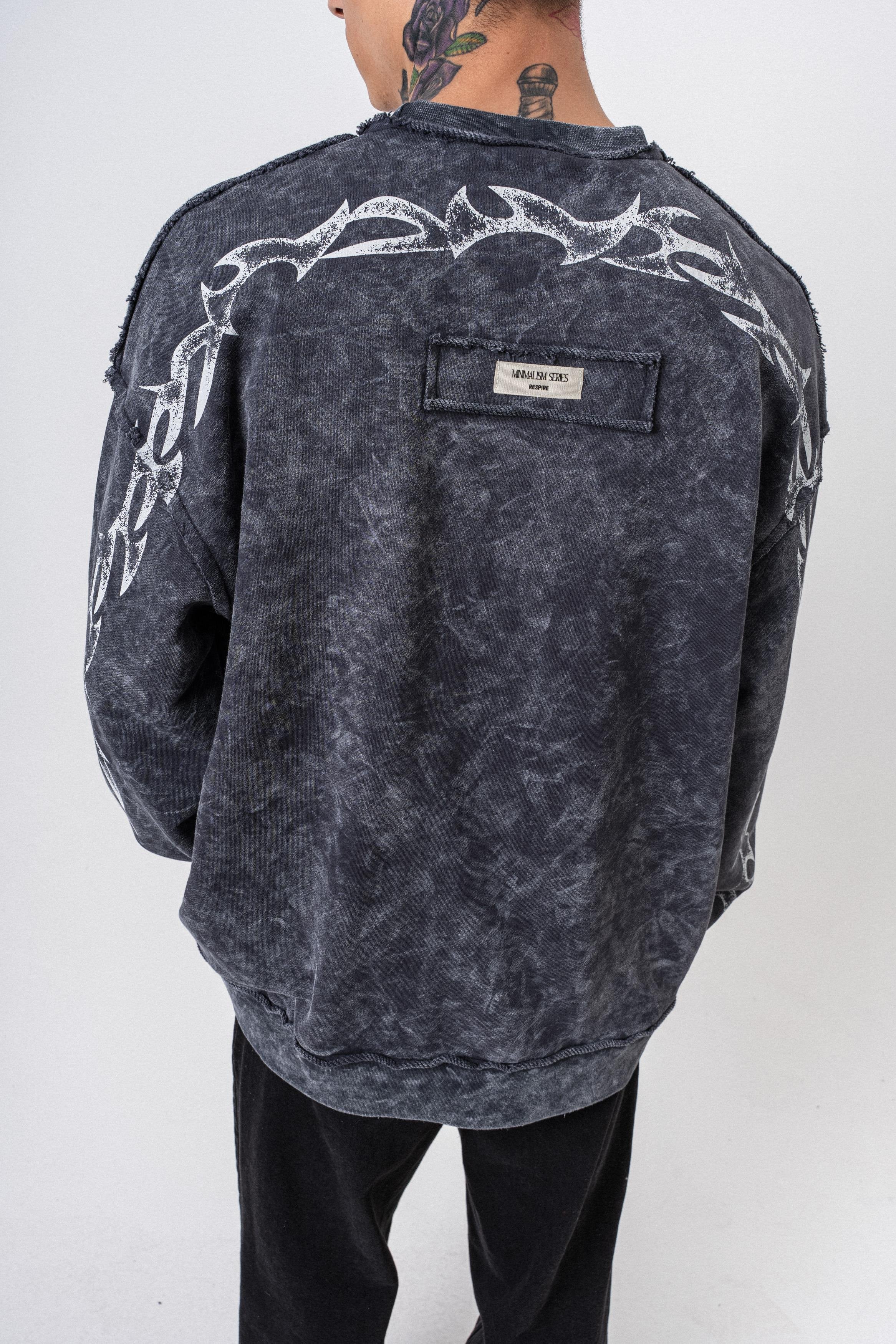 Erkek Origin Baskılı Yıkamalı Bisiklet Yaka Oversize Sweatshirt Siyah