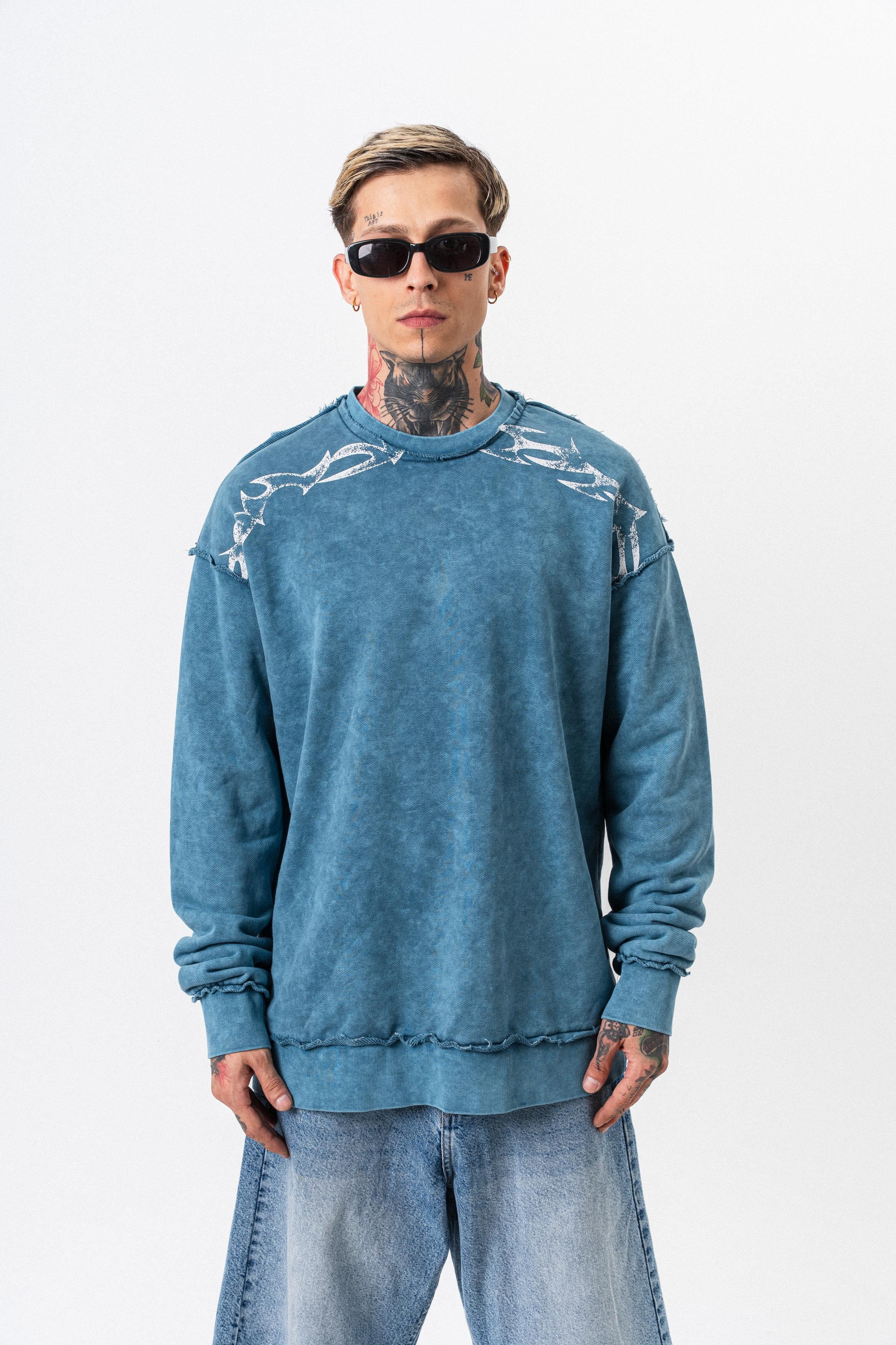 Erkek Origin Baskılı Yıkamalı Bisiklet Yaka Oversize Sweatshirt Petrol