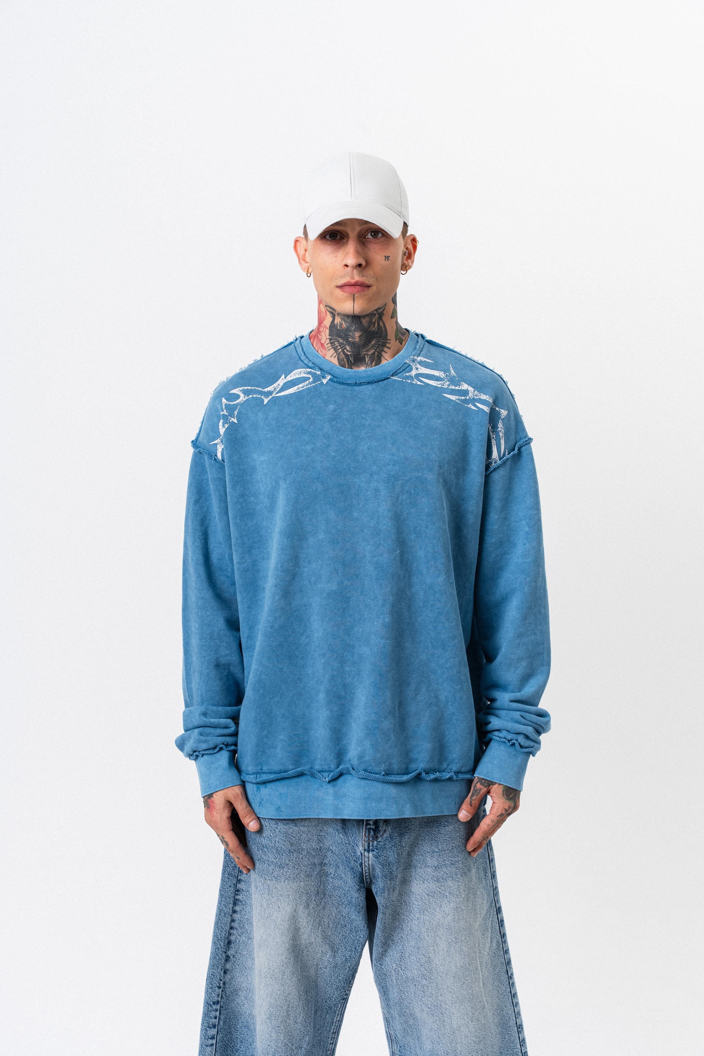 Erkek Origin Baskılı Yıkamalı Bisiklet Yaka Oversize Sweatshirt Bebe Mavi