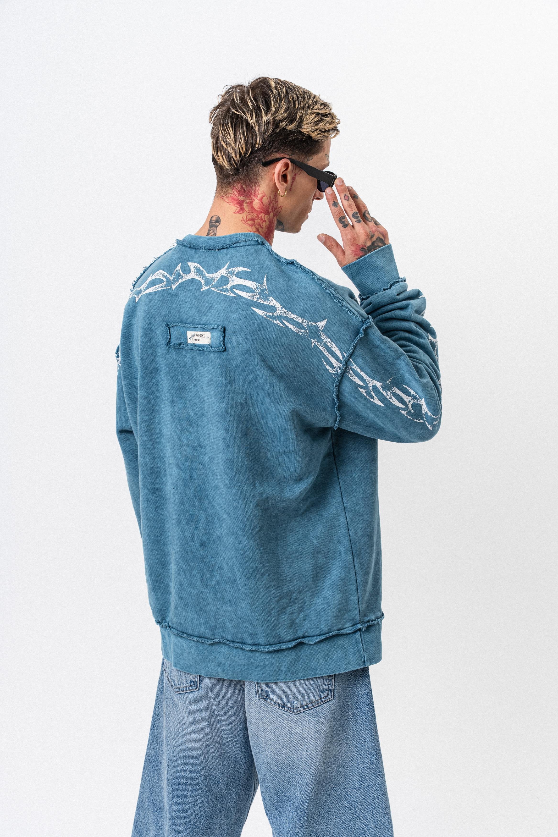 Erkek Origin Baskılı Yıkamalı Bisiklet Yaka Oversize Sweatshirt Petrol