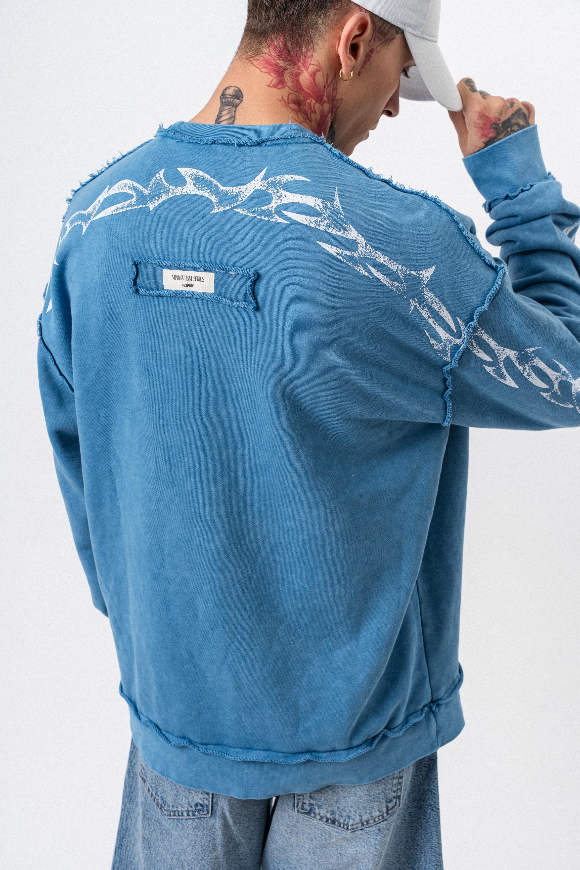 Erkek Origin Baskılı Yıkamalı Bisiklet Yaka Oversize Sweatshirt Bebe Mavi