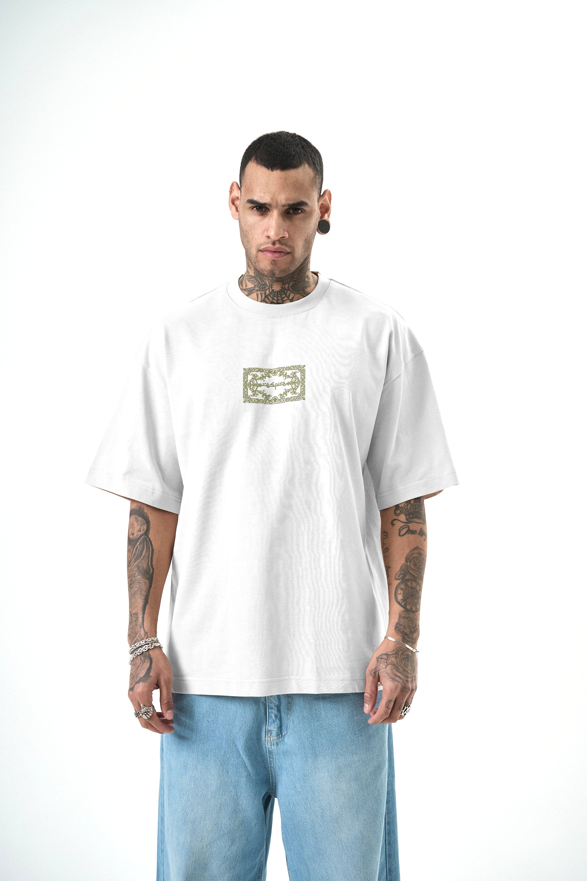 Erkek Ornaments Baskılı Oversize T-Shirt Beyaz