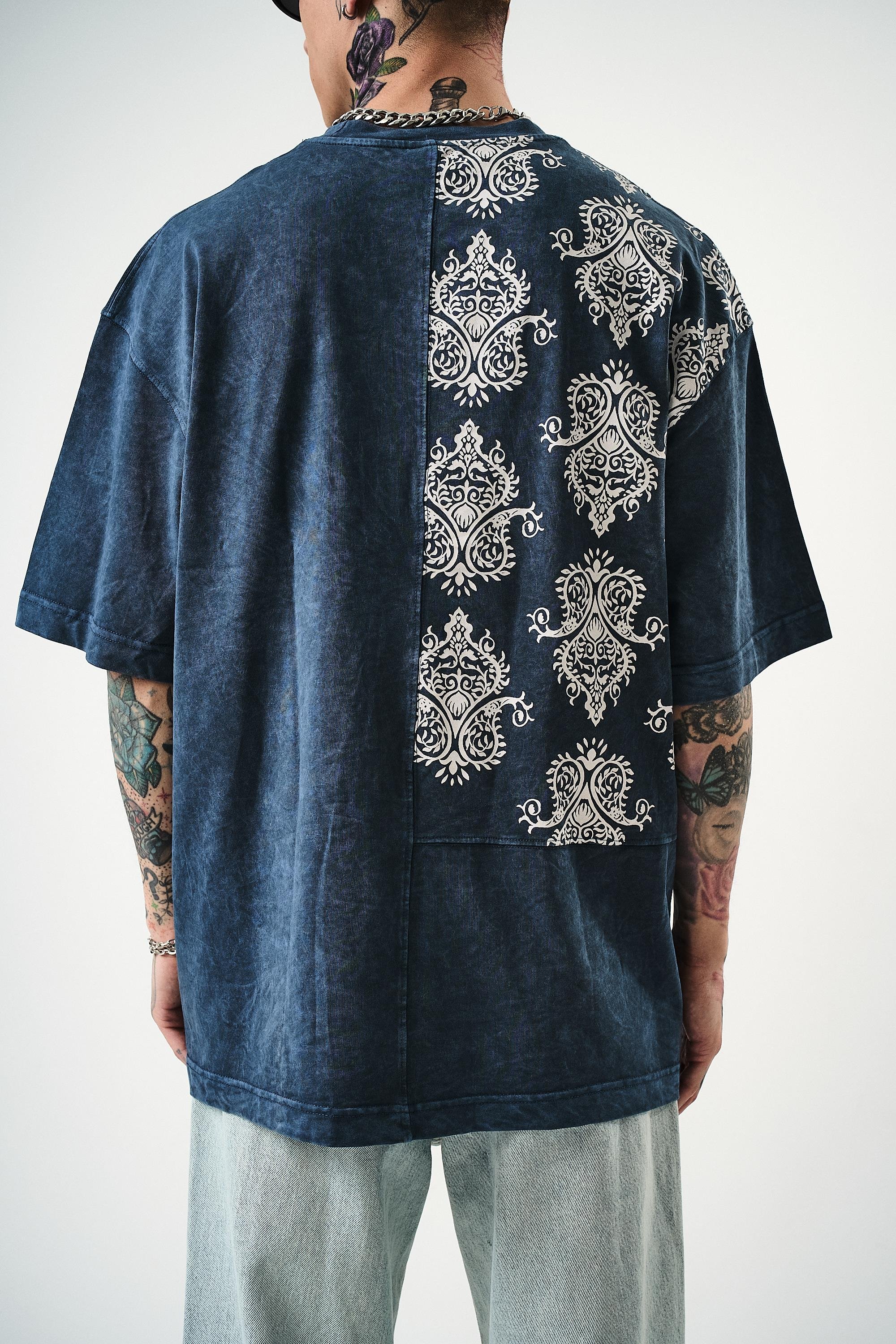 Erkek Paisley Baskılı Yıkamalı Oversize T-Shirt İndigo