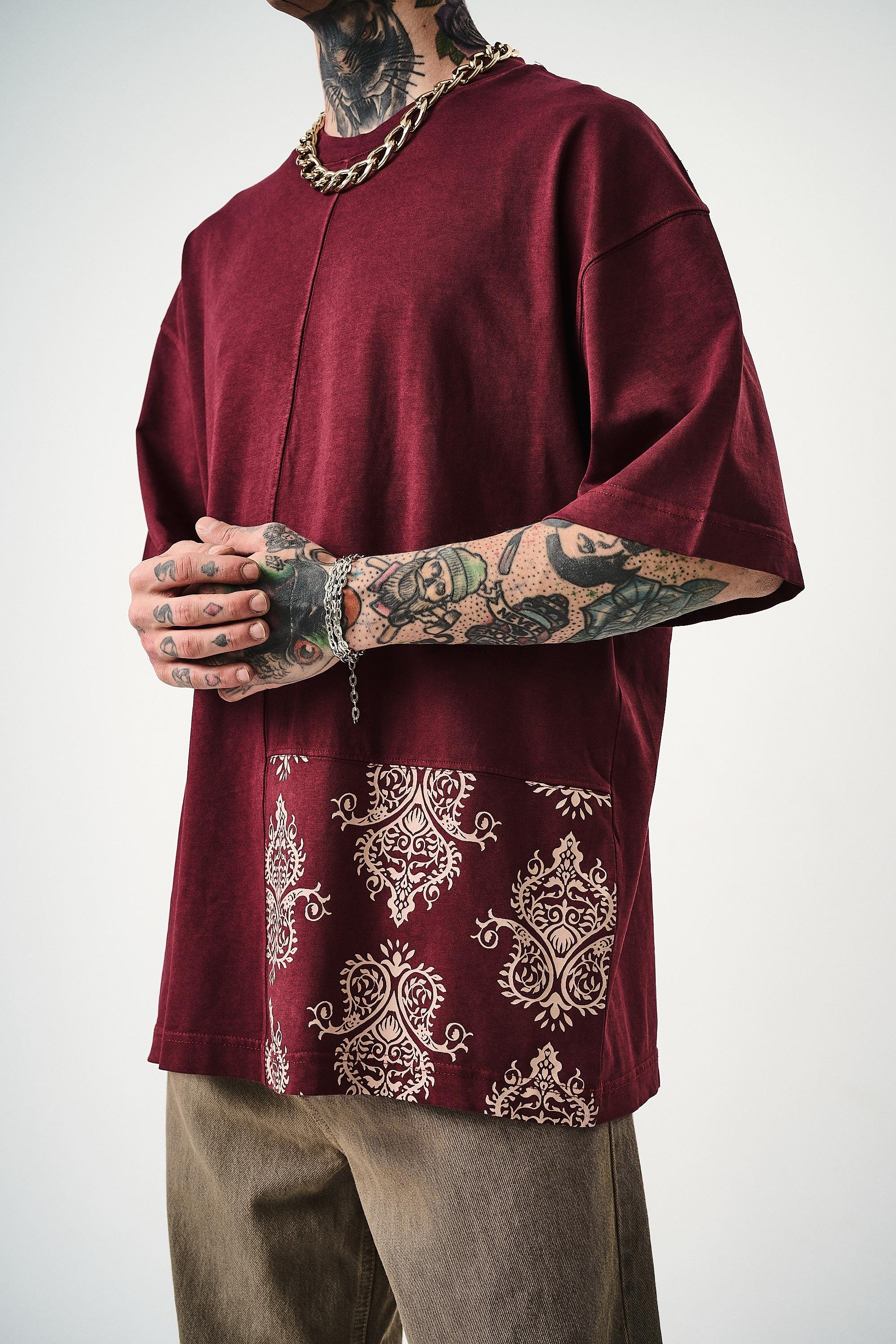 Erkek Paisley Baskılı Yıkamalı Oversize T-Shirt Bordo
