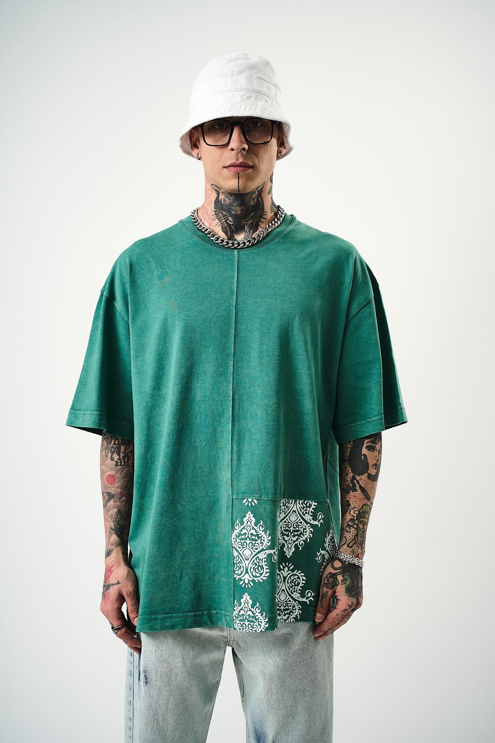 Erkek Paisley Baskılı Yıkamalı Oversize T-Shirt Yeşil