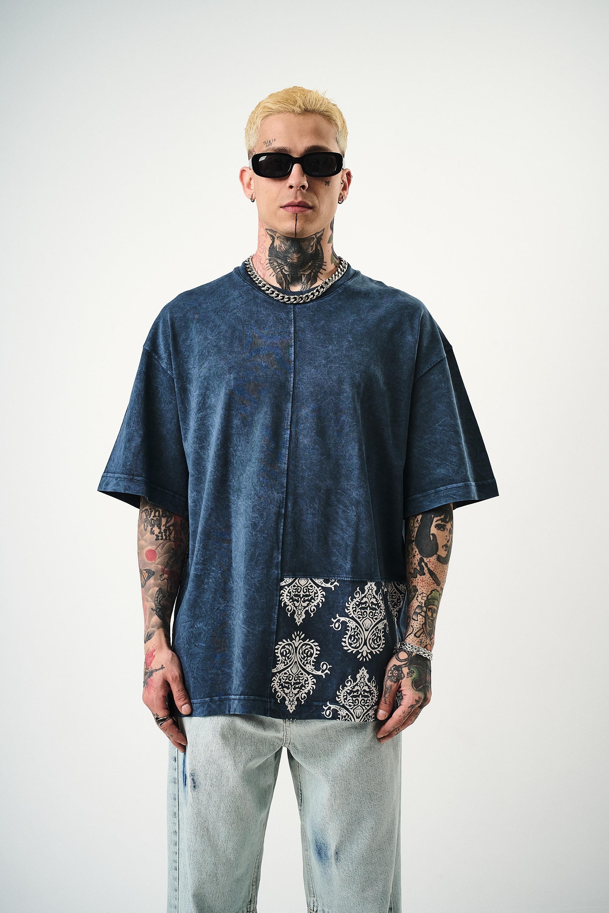 Erkek Paisley Baskılı Yıkamalı Oversize T-Shirt İndigo