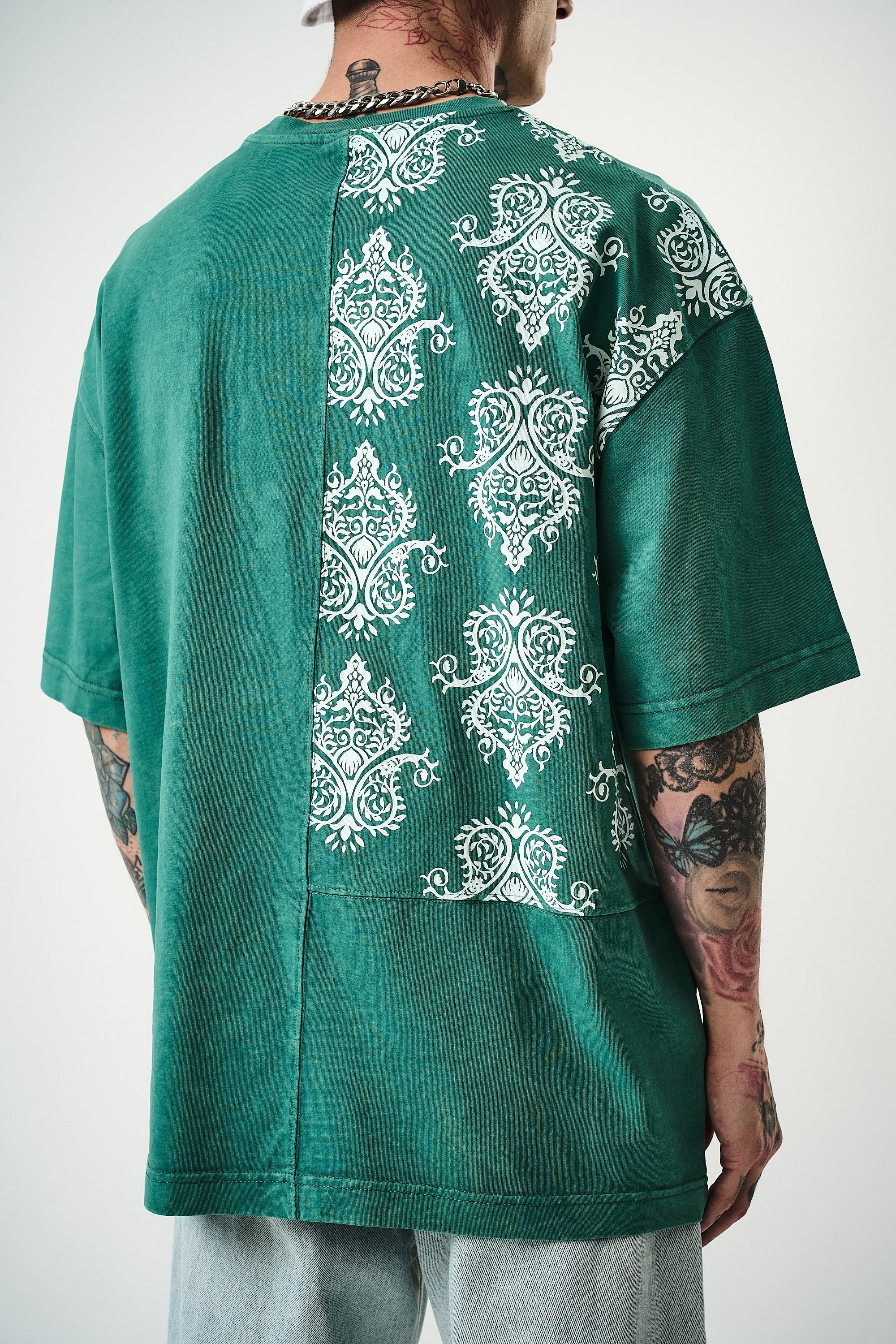 Erkek Paisley Baskılı Yıkamalı Oversize T-Shirt Yeşil