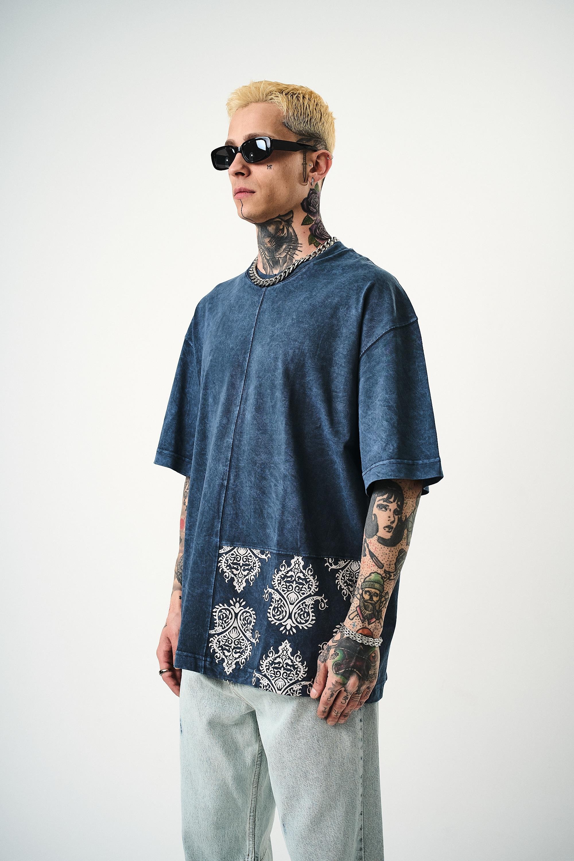 Erkek Paisley Baskılı Yıkamalı Oversize T-Shirt İndigo