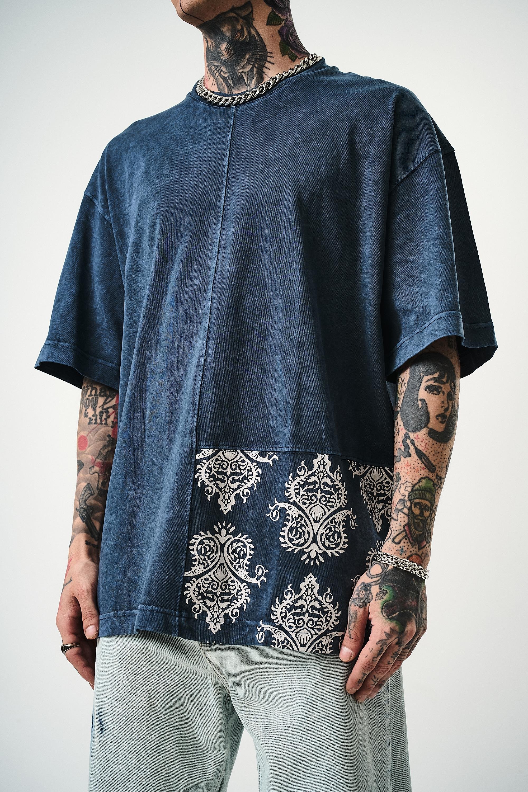 Erkek Paisley Baskılı Yıkamalı Oversize T-Shirt İndigo