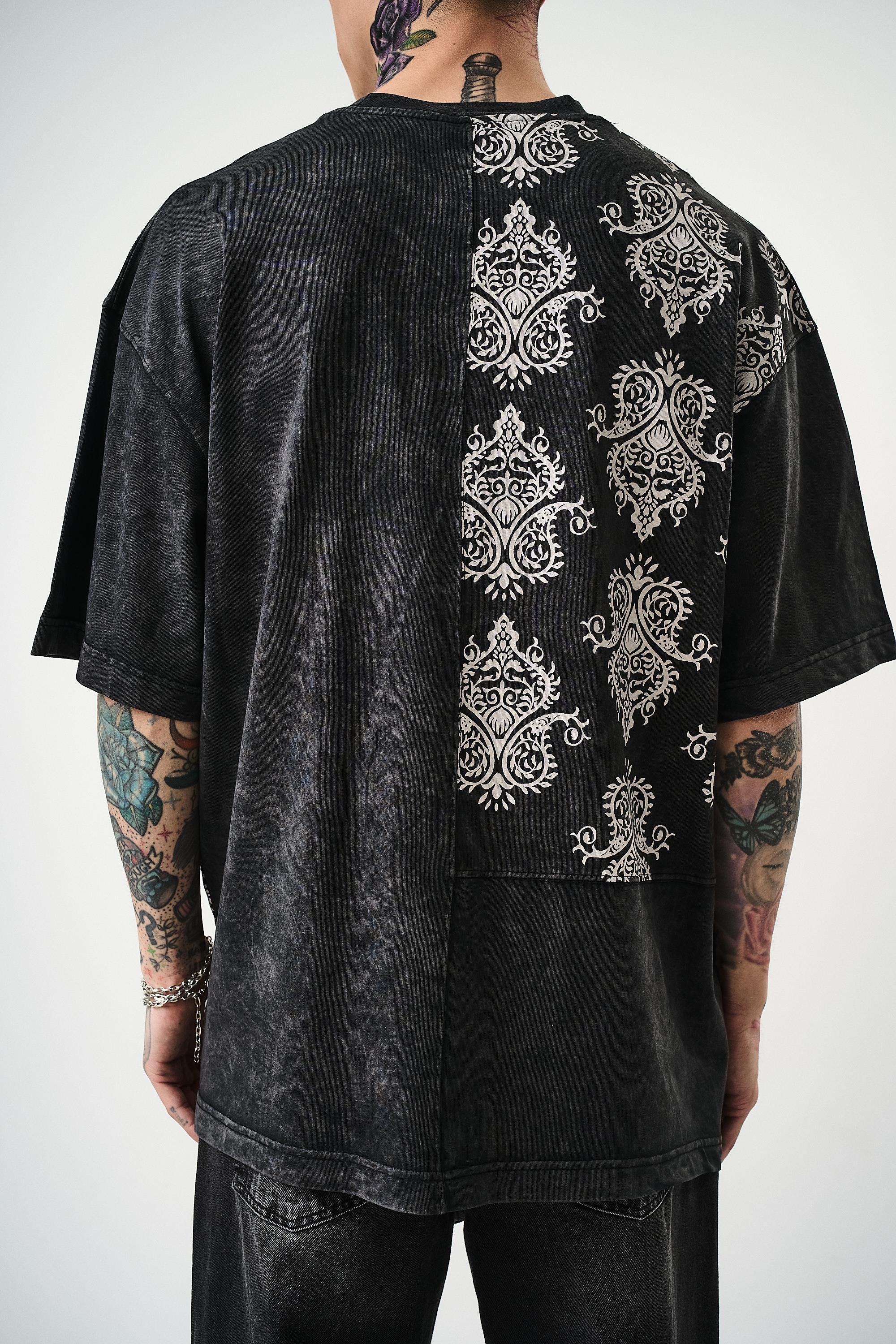 Erkek Paisley Baskılı Yıkamalı Oversize T-Shirt Siyah