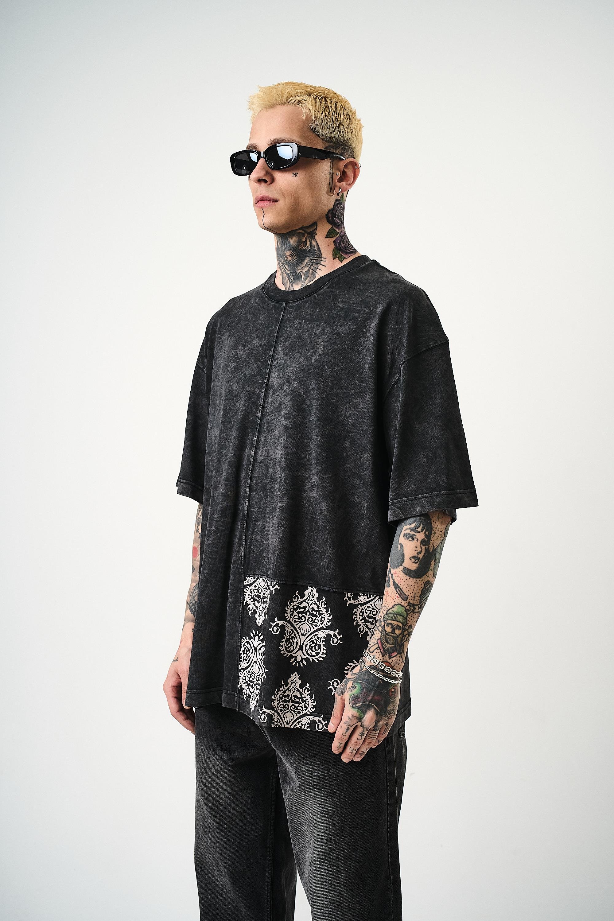 Erkek Paisley Baskılı Yıkamalı Oversize T-Shirt Siyah