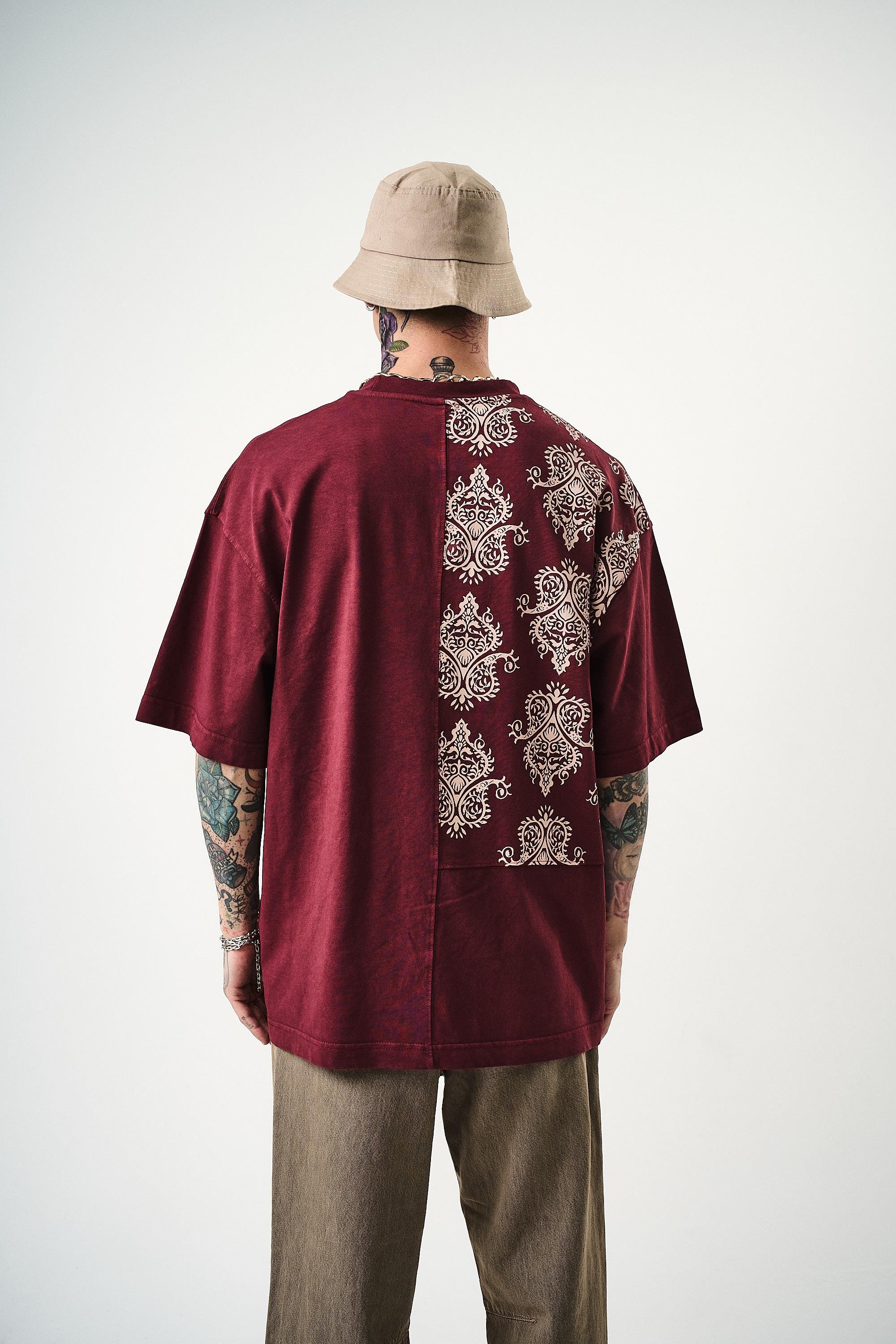 Erkek Paisley Baskılı Yıkamalı Oversize T-Shirt Bordo