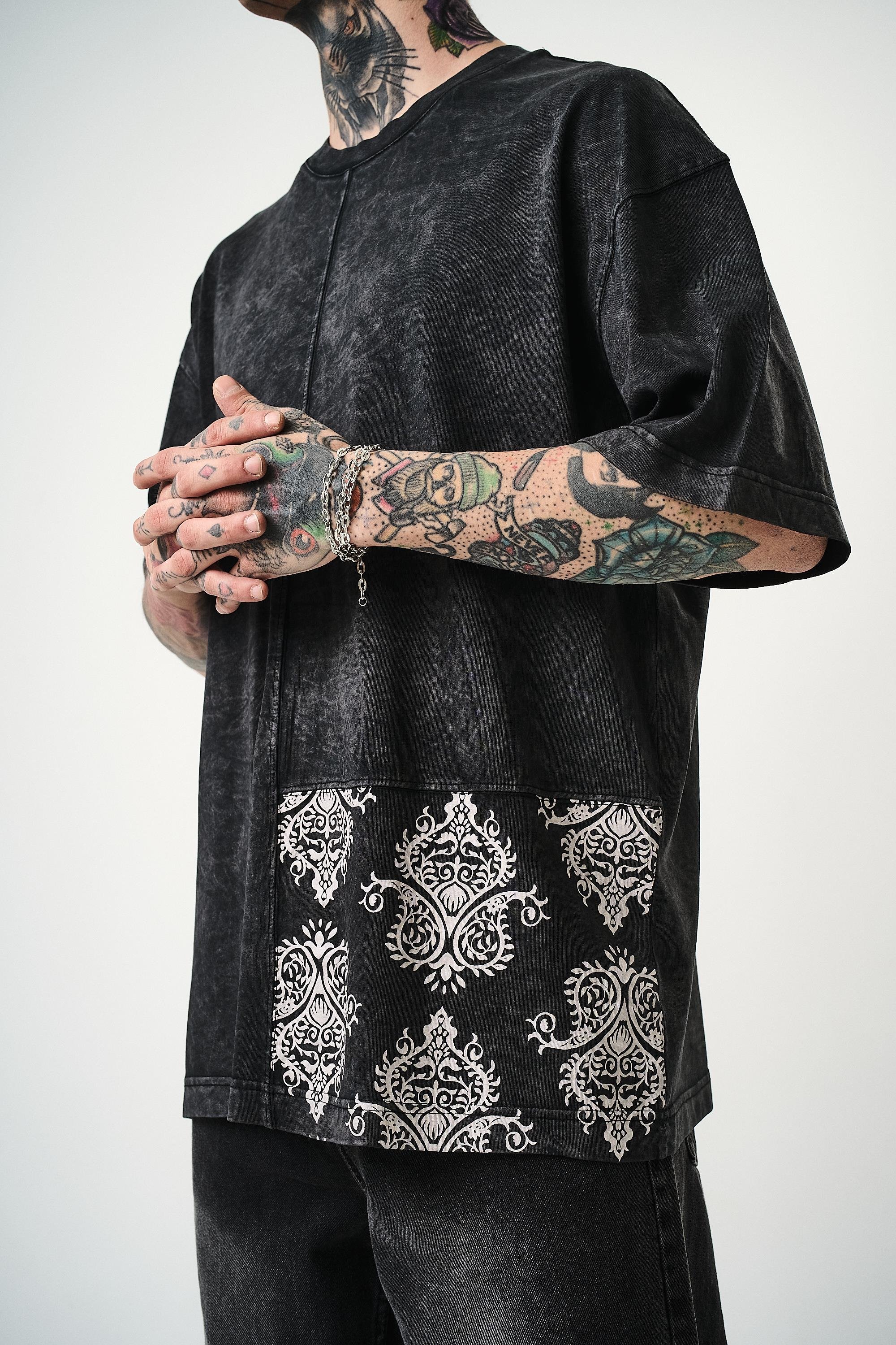 Erkek Paisley Baskılı Yıkamalı Oversize T-Shirt Siyah