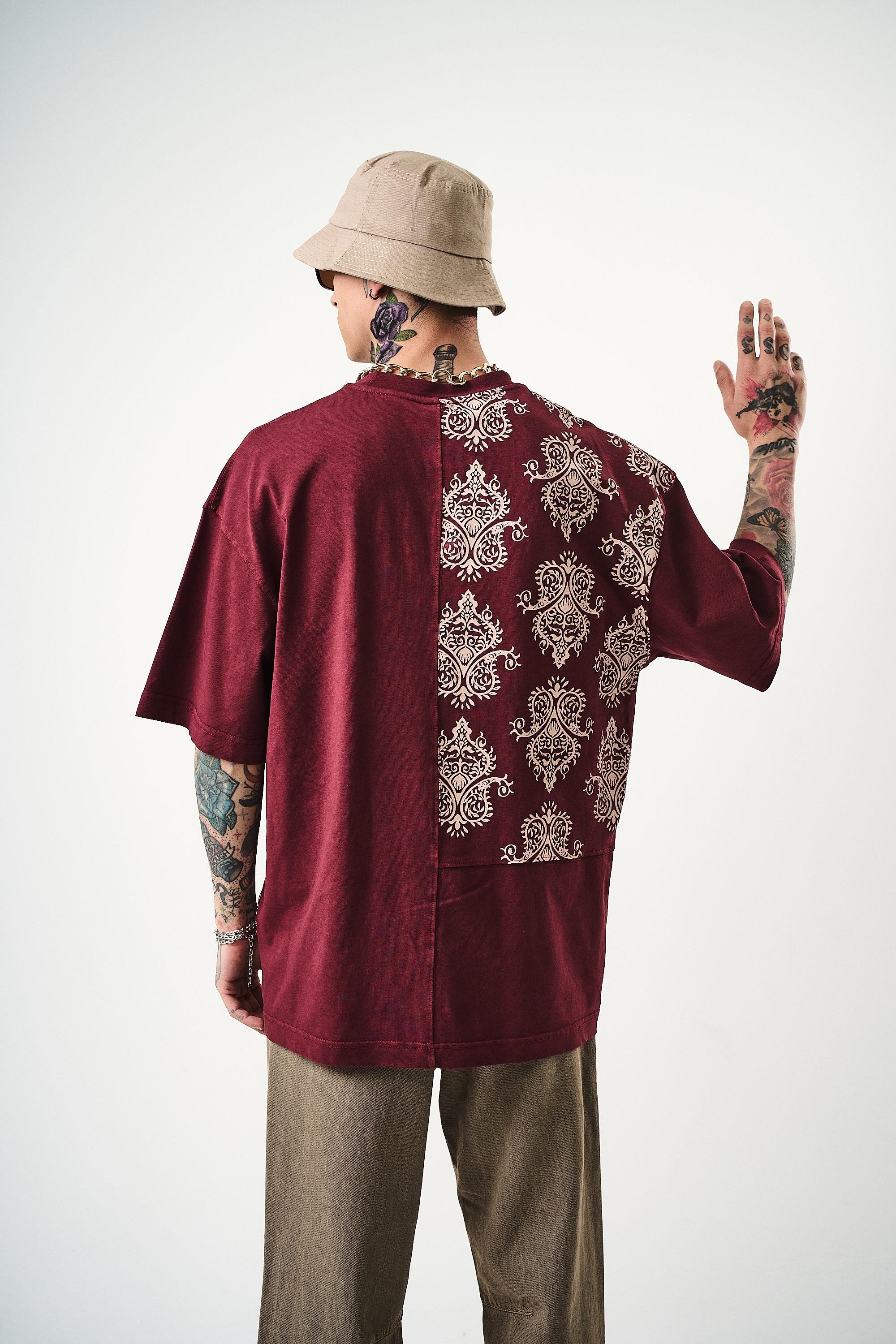 Erkek Paisley Baskılı Yıkamalı Oversize T-Shirt Bordo