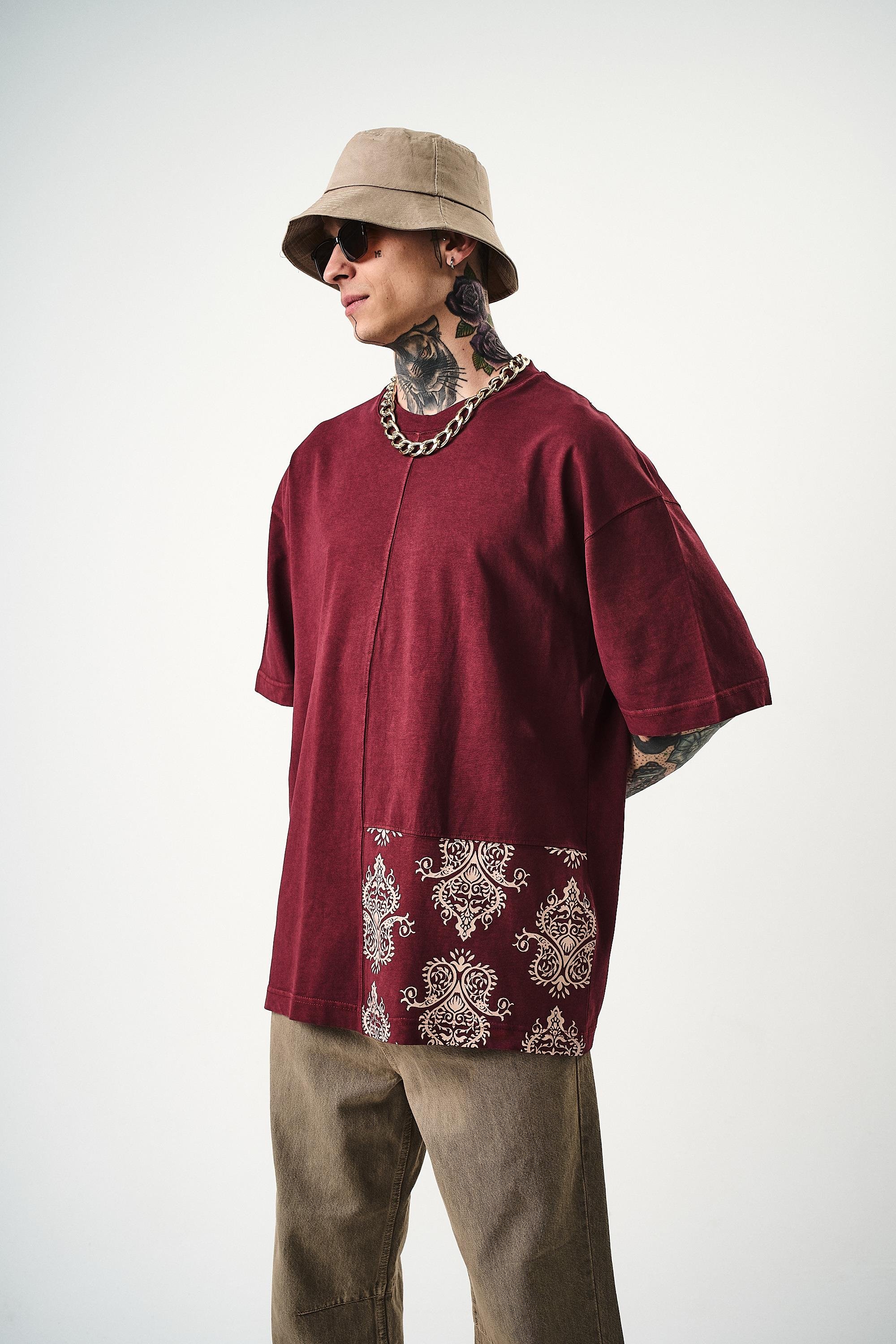 Erkek Paisley Baskılı Yıkamalı Oversize T-Shirt Bordo