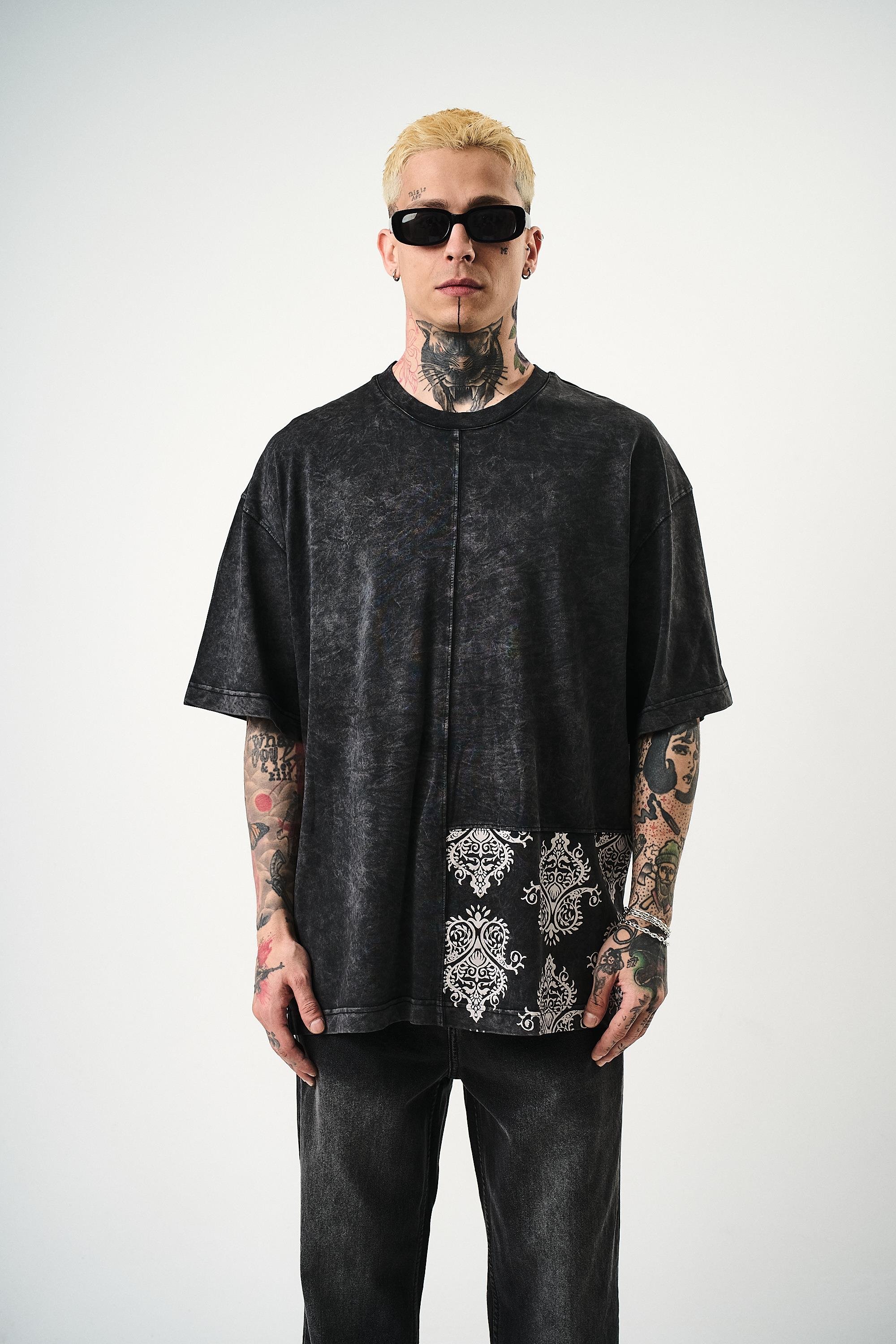 Erkek Paisley Baskılı Yıkamalı Oversize T-Shirt Siyah